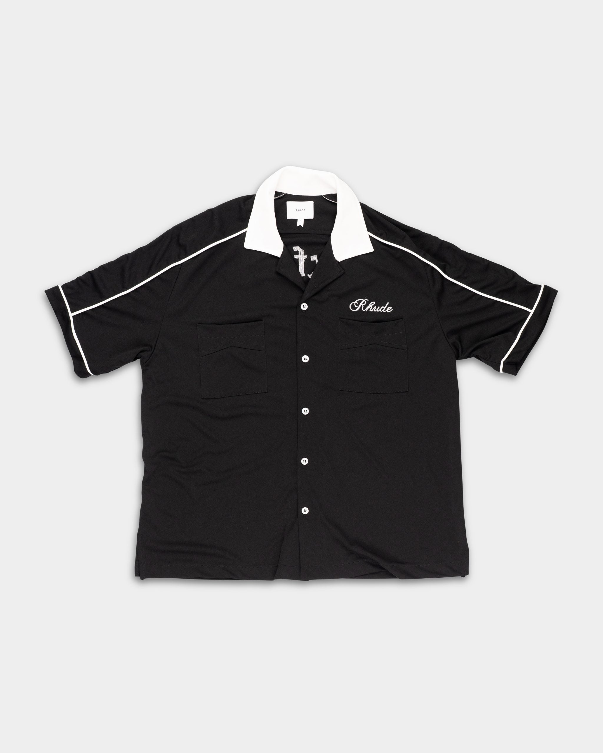 Rhude Men's Oxford Cocktail Club Bowling Shirt Black/White | RHPF25SR01016-3028