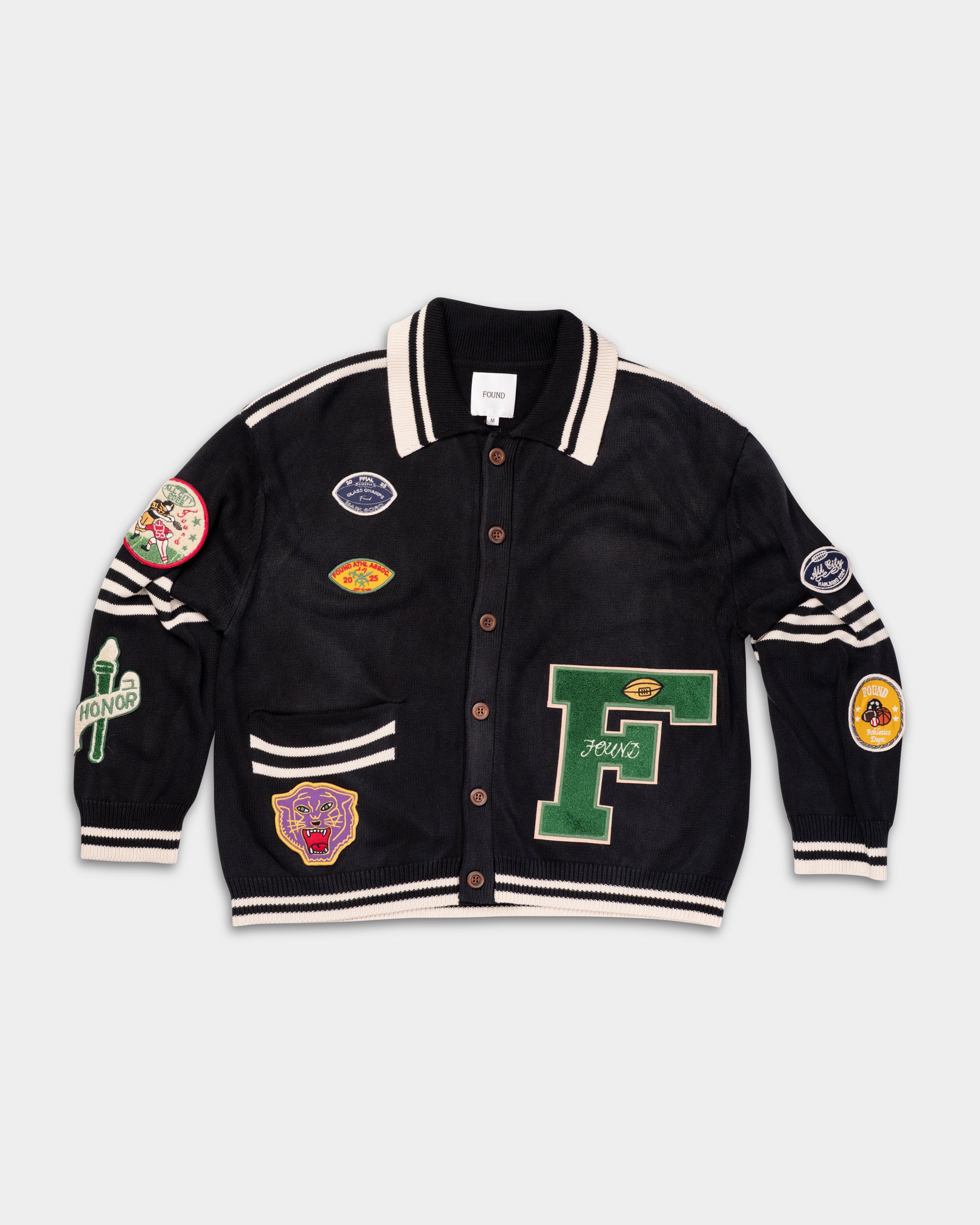 Found Men's Varsity Patch Collard Cardigan Vintage Black | FOSS26CA01012-0027