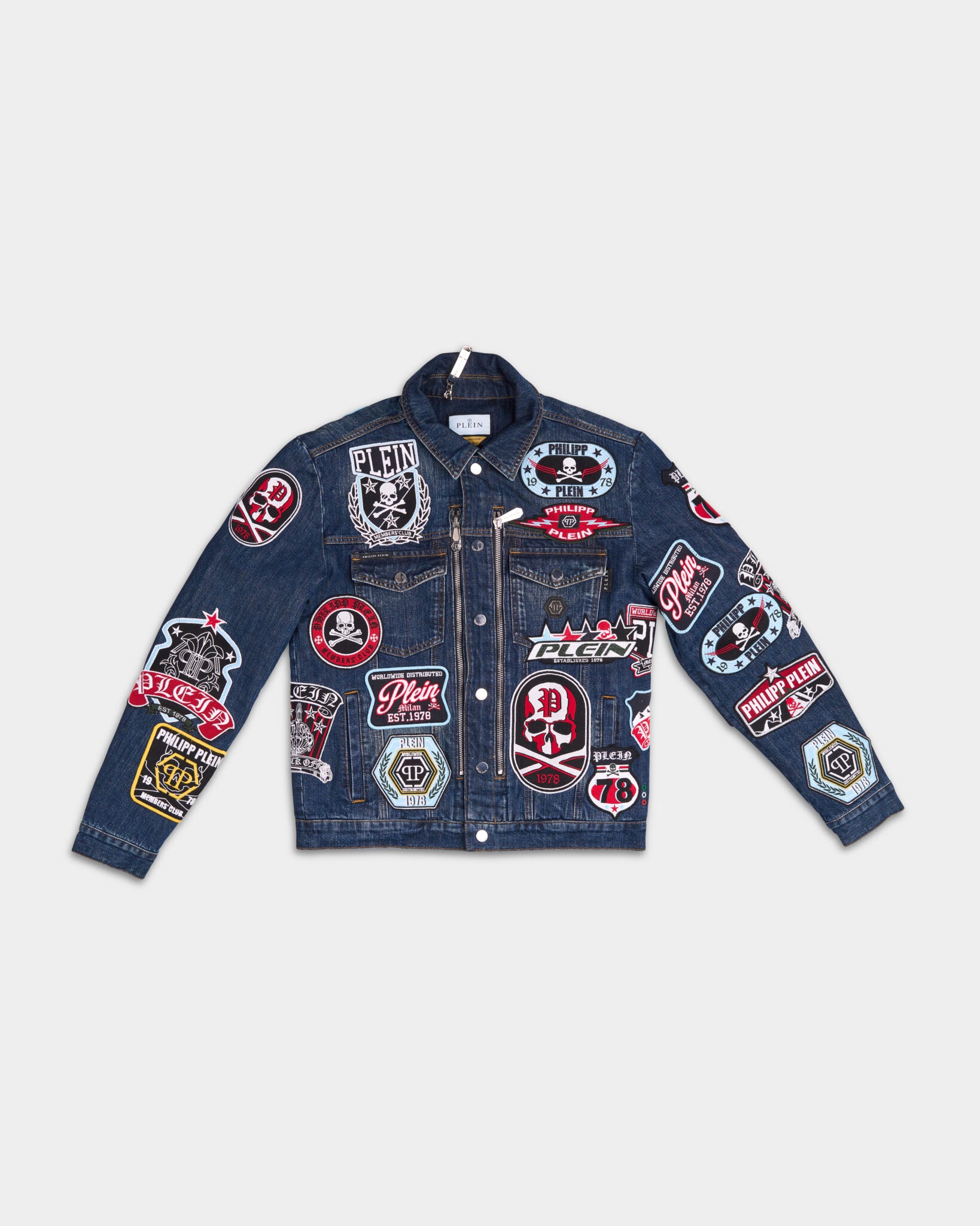 Philipp Plein Men's Zipped Denim Jacket Patches Blue Splash