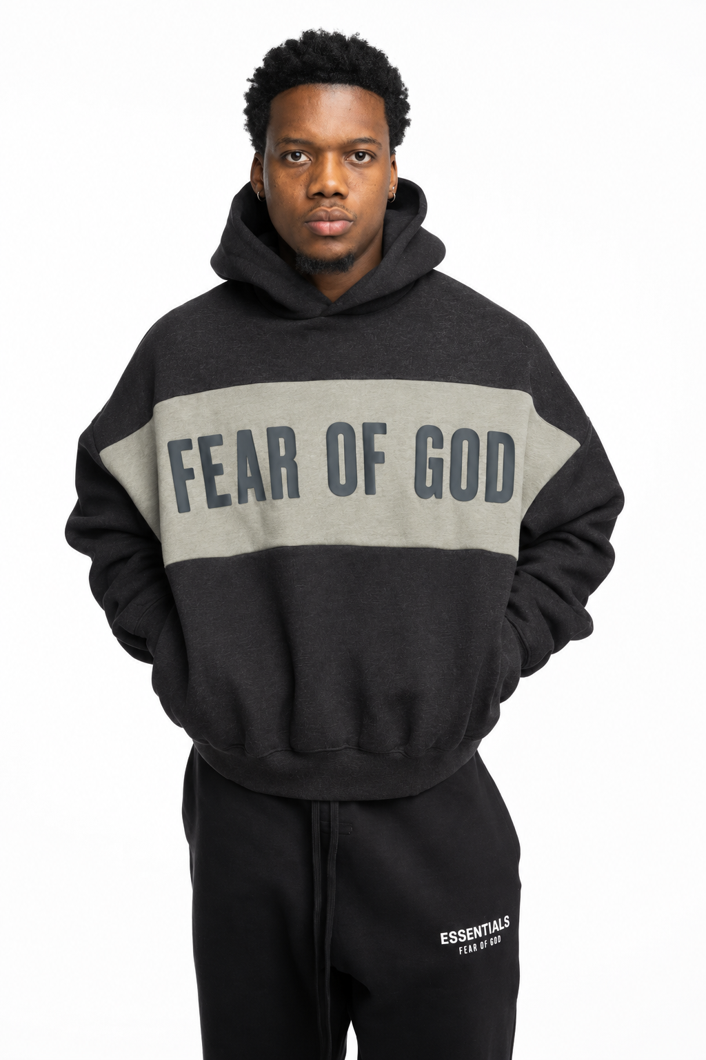 Essentials Fear Of God Men's Cropped Relaxed Hoodie | RW002830120-Iron Grey Heather/Seal Heather