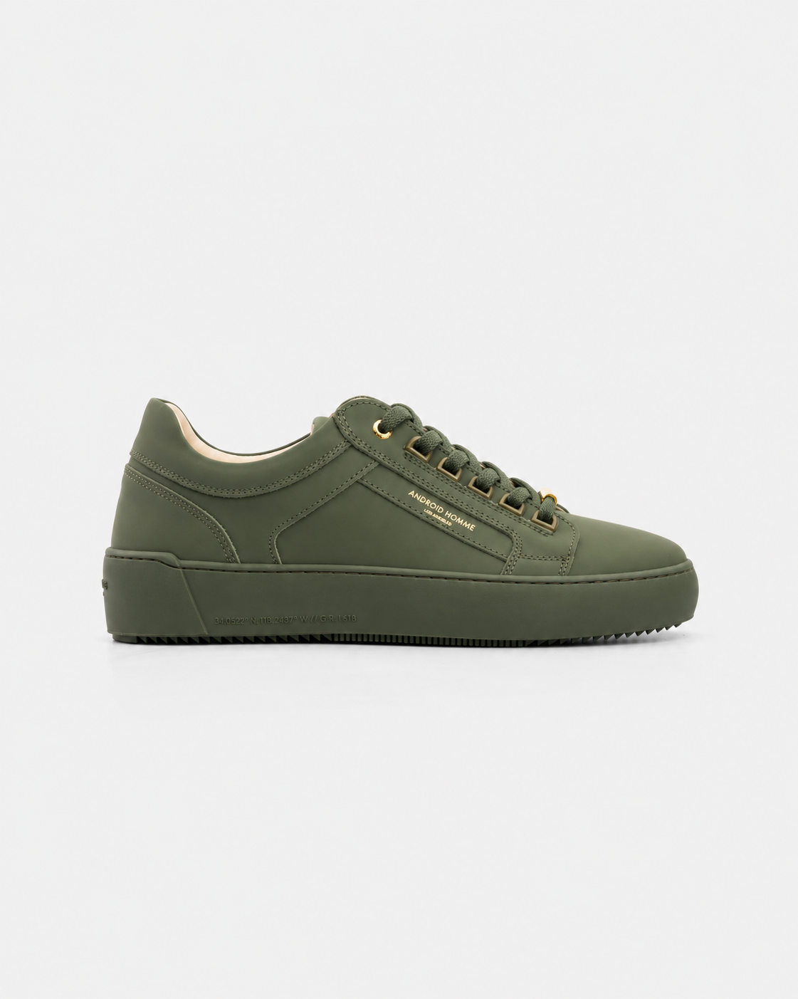 Android Homme Men's Venice Stealth Rubberised Leather Sneaker Gold Hardware Olive | AHP263-10