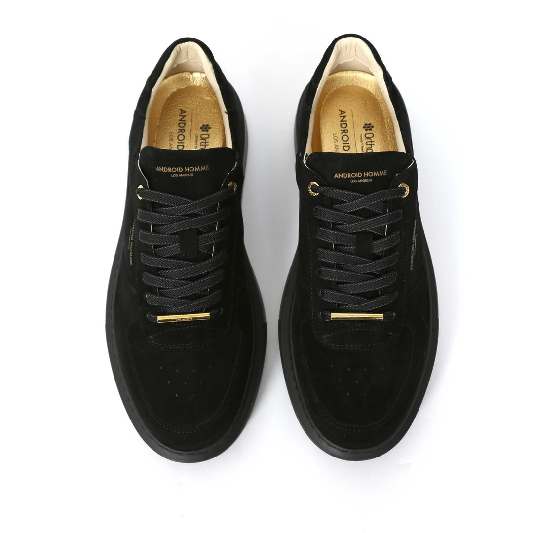 Android Homme Men's Manhattan Lux Super Fine Goat Suede Sneaker Gold Hardware Pitch Black | AHP263-17