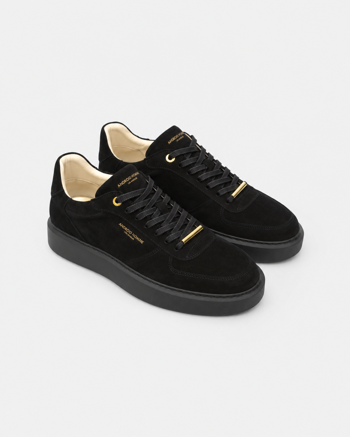 Android Homme Men's Manhattan Lux Super Fine Goat Suede Sneaker Gold Hardware Pitch Black | AHP263-17