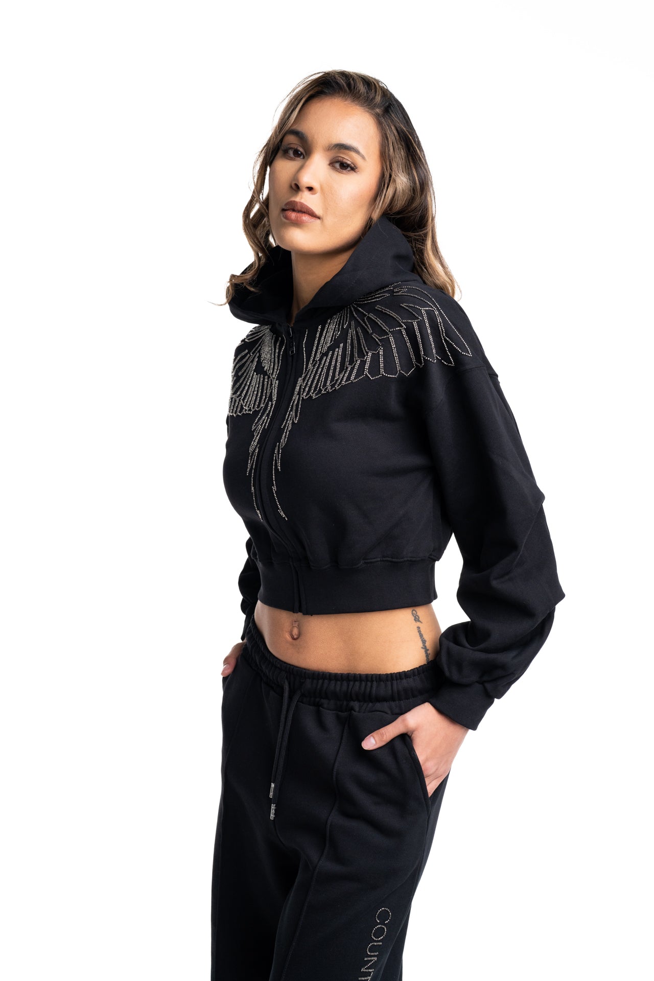 County of Milan Ladies Zip Cropped Hoodie | 26ECM30123-Black