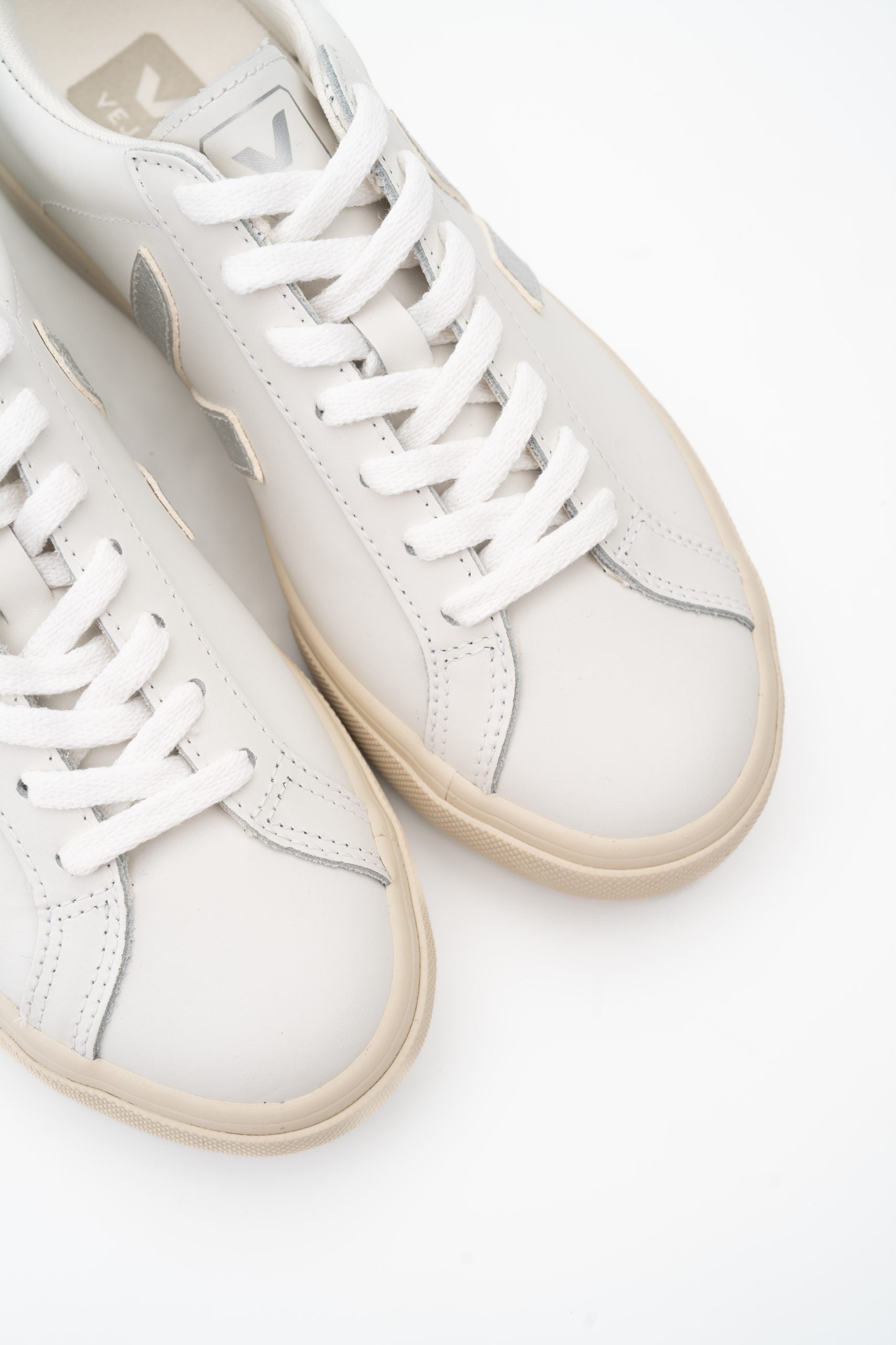 Veja Ladies Esplar Logo Leather Sneaker EO0203883A Extra White Silver