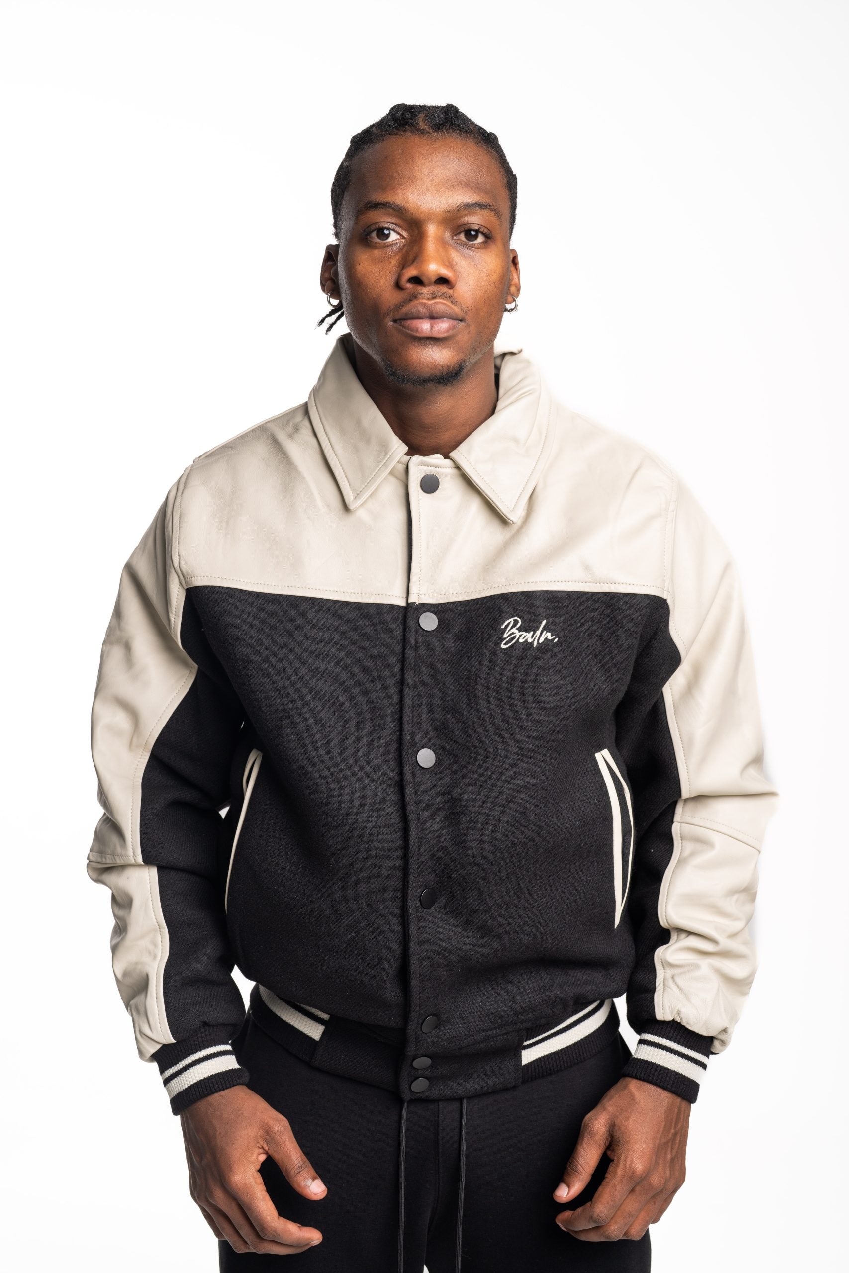 BALR Men's Phil Leather Bomber Jacket | B1381.1025-Egret/Jet Black