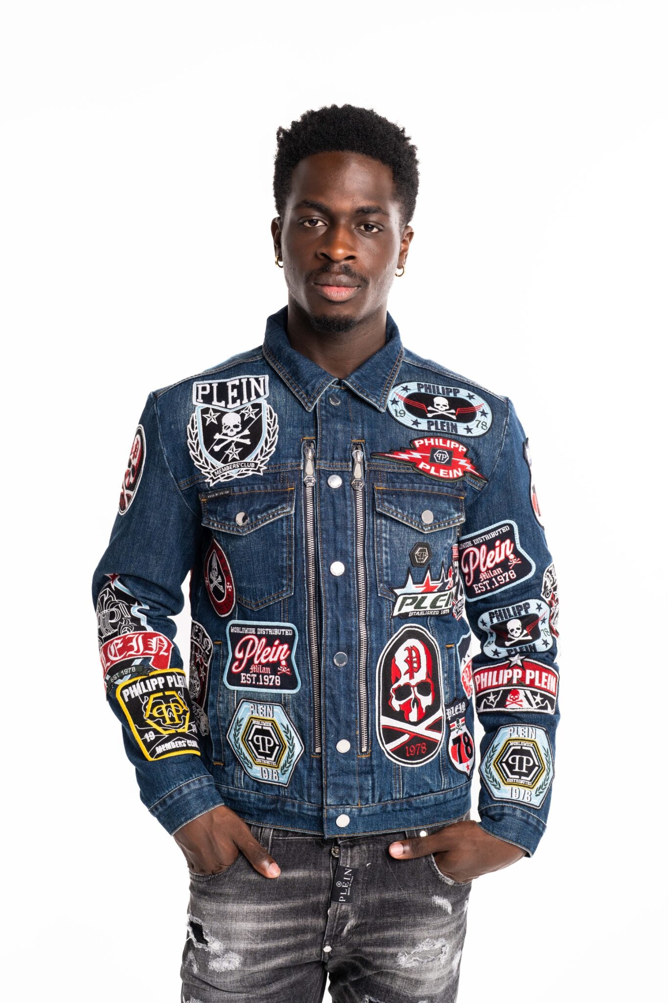 Philipp Plein Men's Zipped Denim Jacket Patches Blue Splash MDB0649 PDE004N 07PS