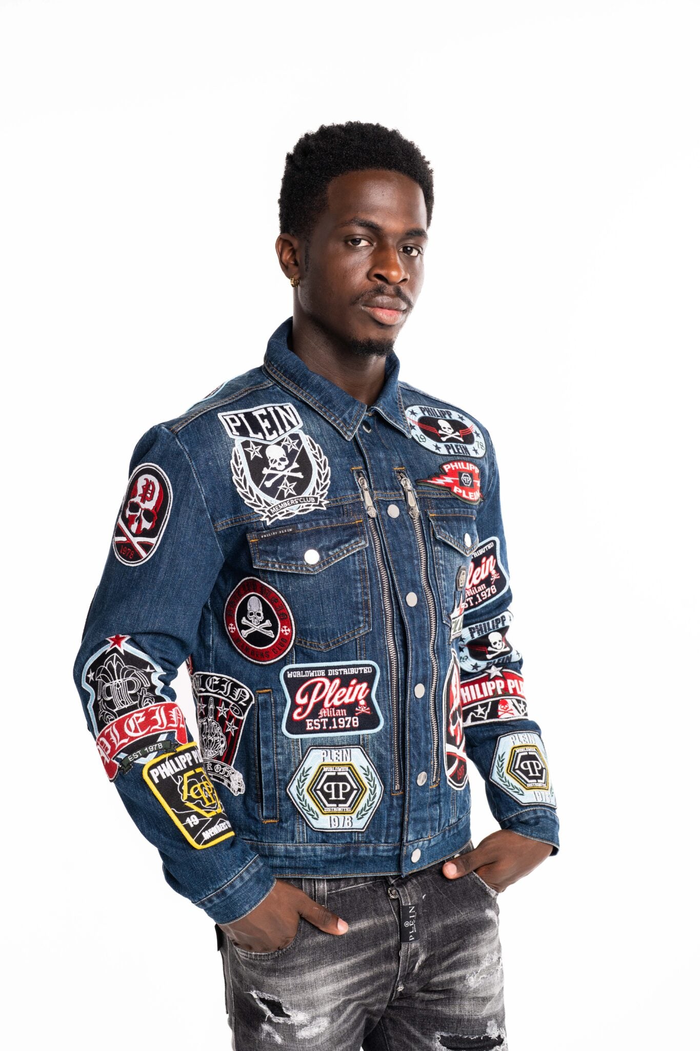 Philipp Plein Men's Zipped Denim Jacket Patches Blue Splash MDB0649 PDE004N 07PS