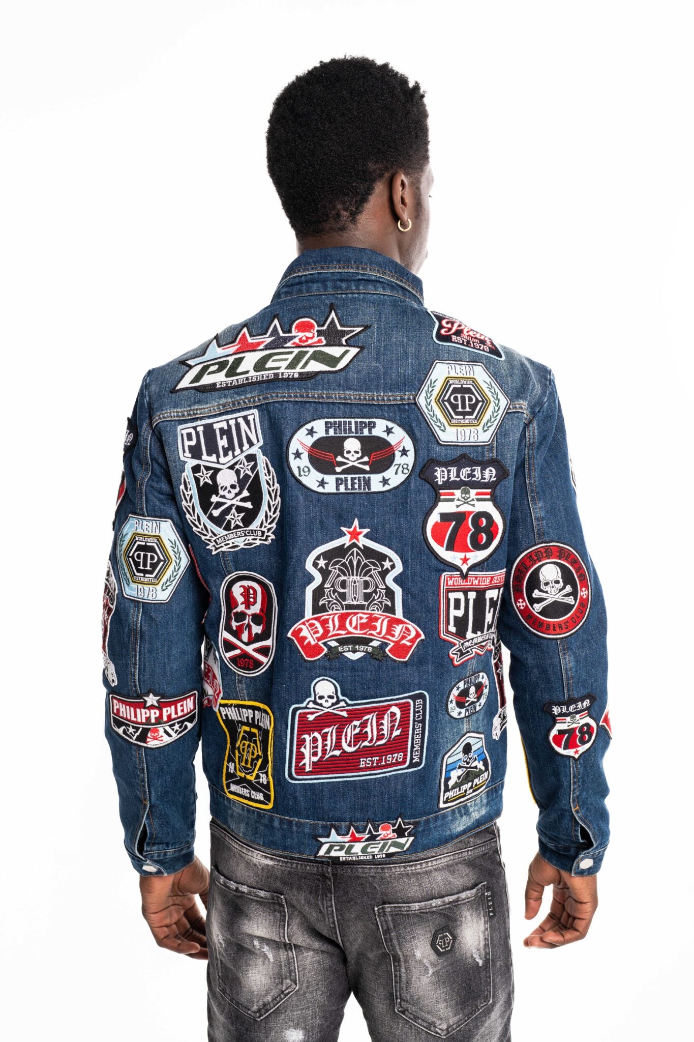 Philipp Plein Men's Zipped Denim Jacket Patches Blue Splash MDB0649 PDE004N 07PS