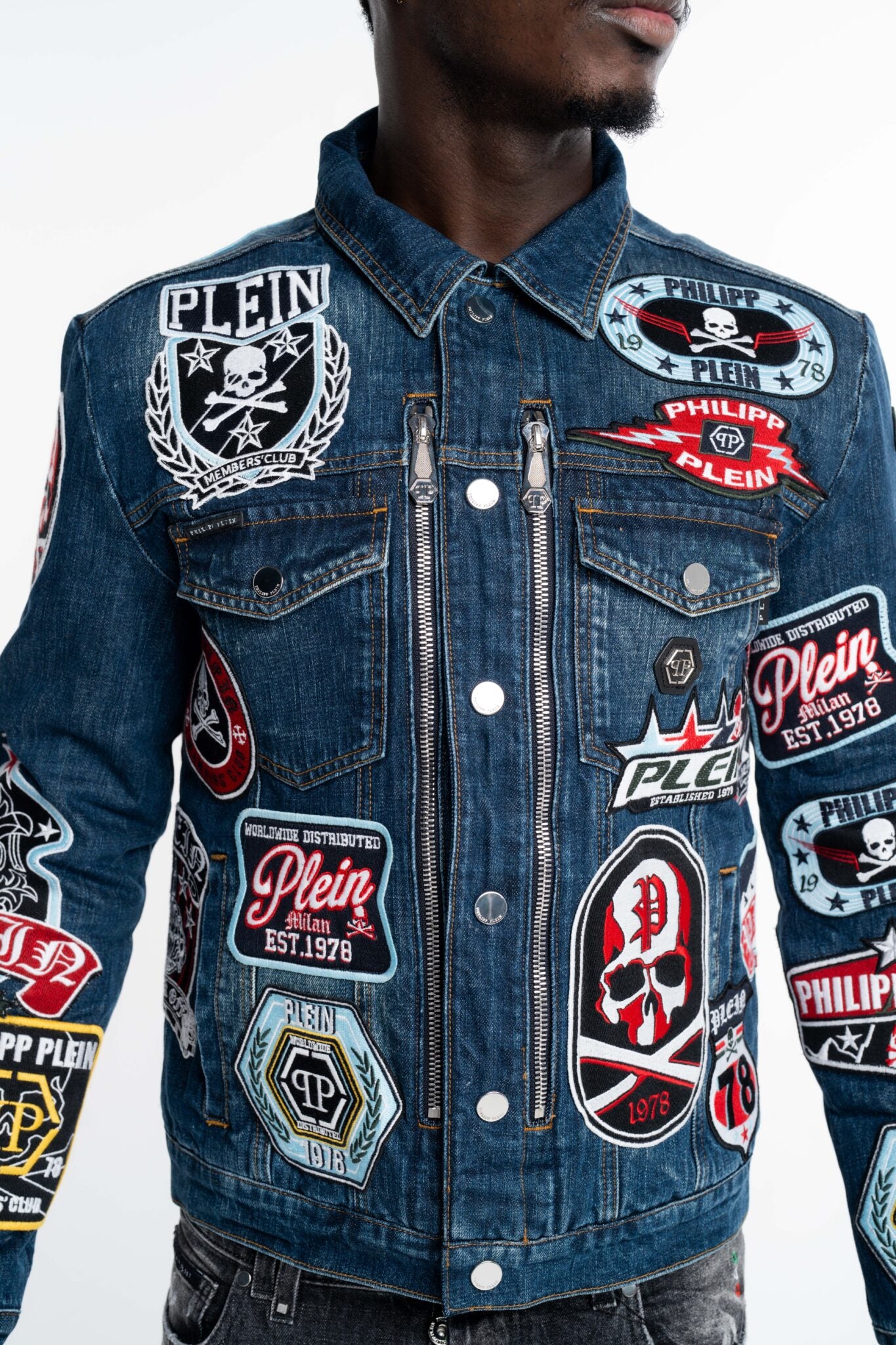 Philipp Plein Men's Zipped Denim Jacket Patches Blue Splash MDB0649 PDE004N 07PS