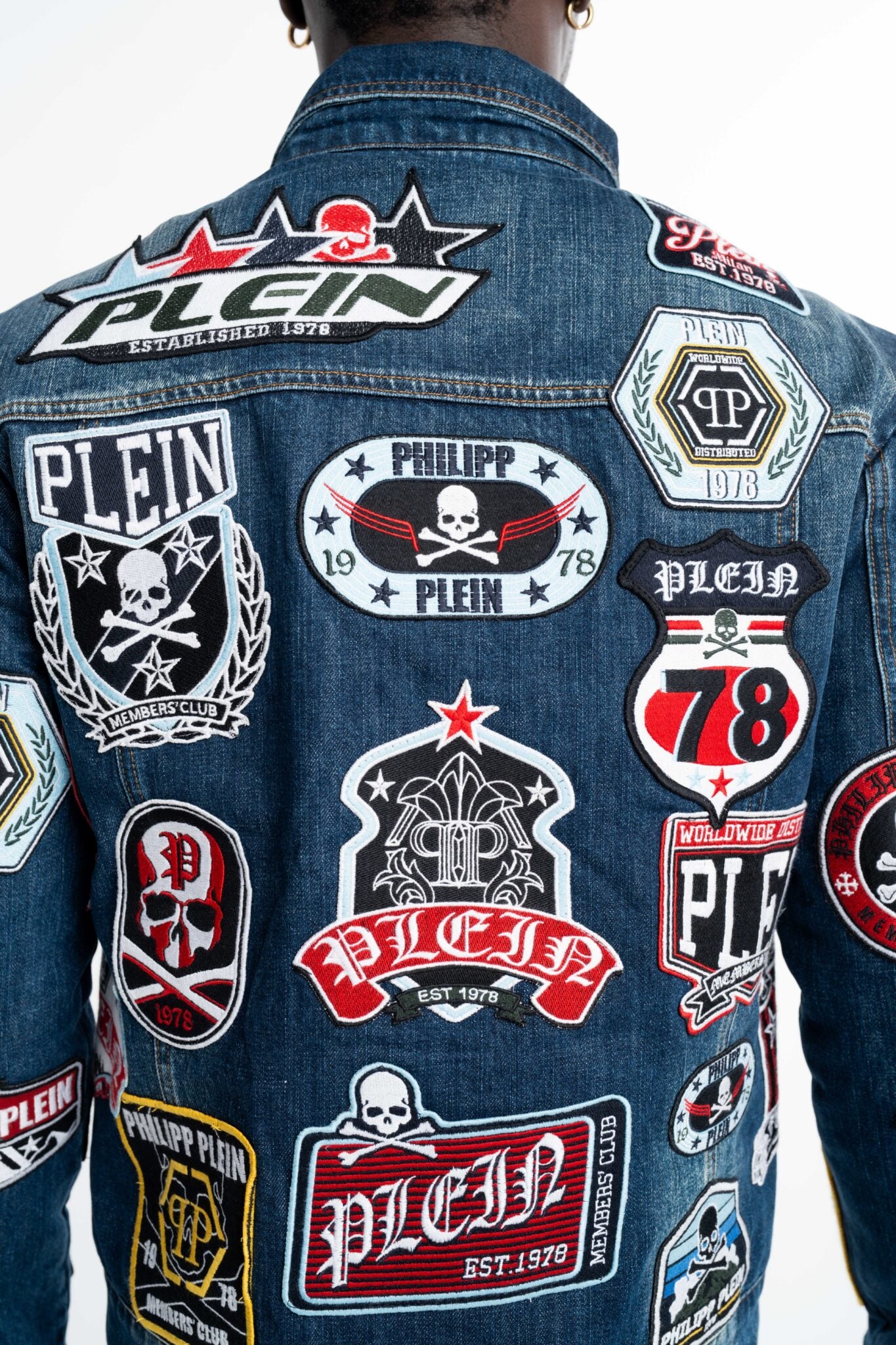Philipp Plein Men's Zipped Denim Jacket Patches Blue Splash MDB0649 PDE004N 07PS