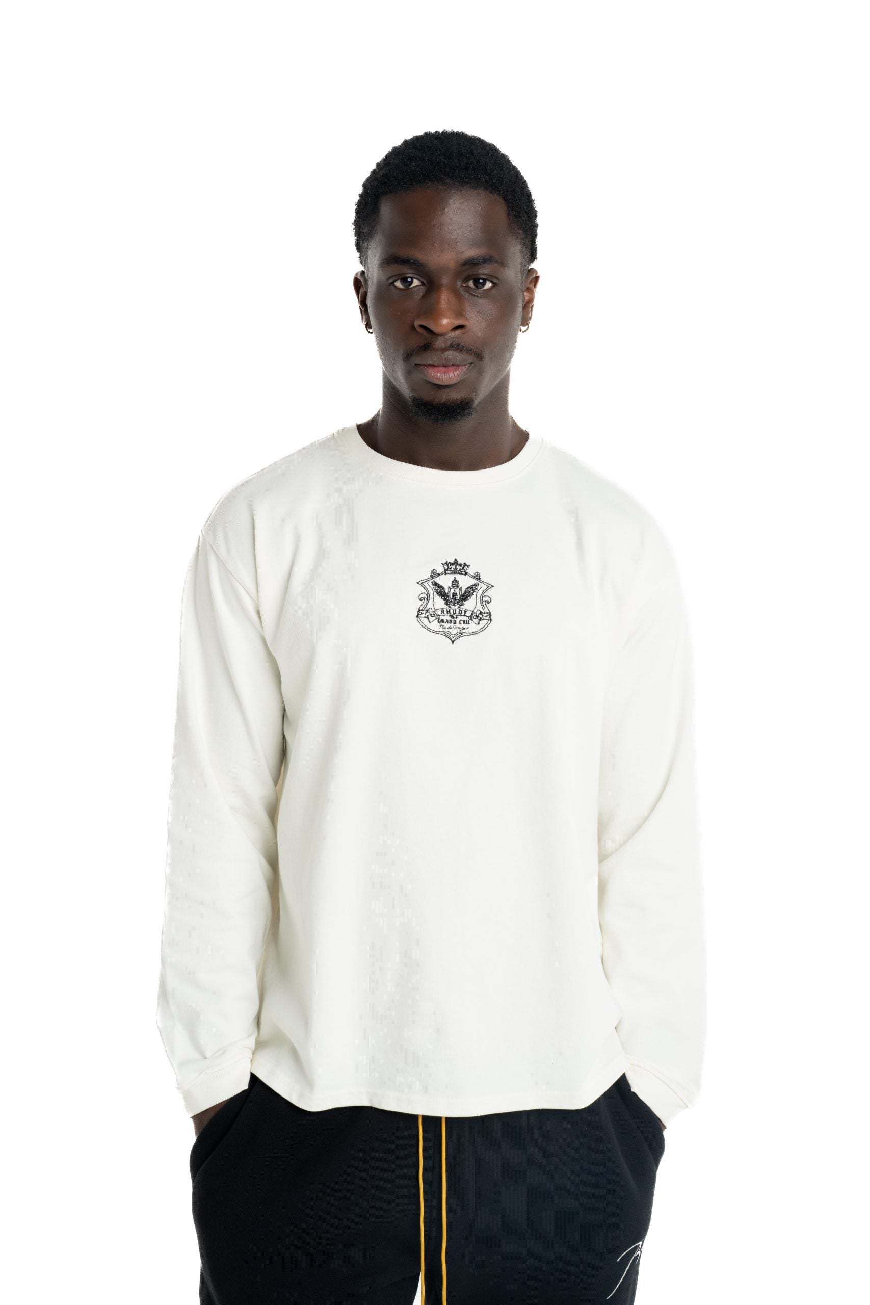 Rhude Men's Grand Cru Crest LS Tee Vintage White/Black | RHPS26TT16012-3166
