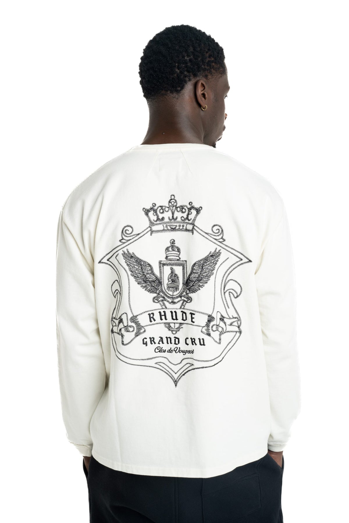 Rhude Men's Grand Cru Crest LS Tee Vintage White/Black | RHPS26TT16012-3166
