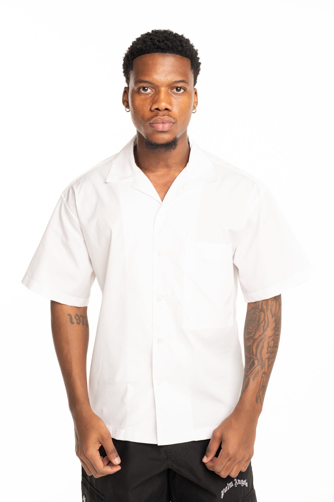 Palm Angels Men's B Curved Logo Bowling Shirt |  PMGG00AS26FAB001-0310