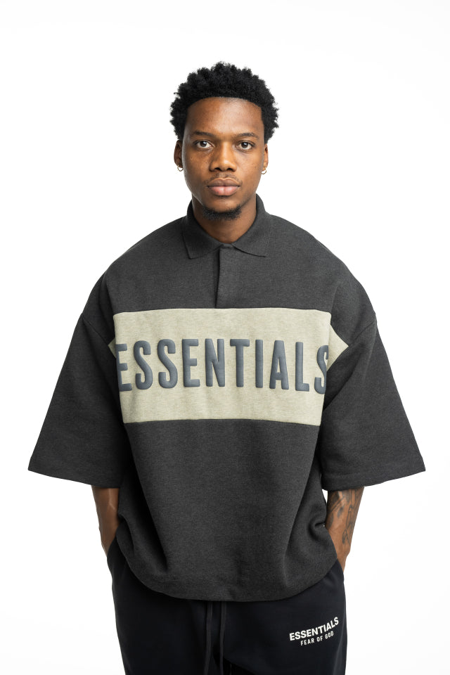 Essentials Fear Of God Men's Cropped Panelled Polo | RW002840120-Iron Grey Heather/Seal Heather
