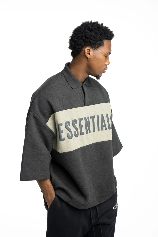 Essentials Fear Of God Men's Cropped Panelled Polo | RW002840120-Iron Grey Heather/Seal Heather
