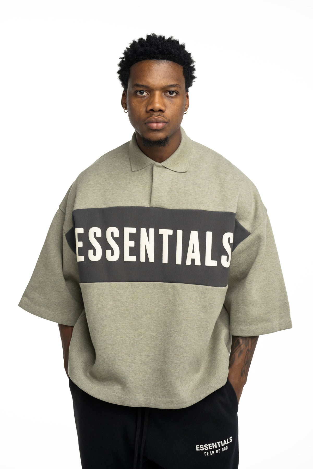 Essentials Fear Of God Men's Cropped Panelled Polo | RW002840135-Seal Heather/Iron Grey Heather