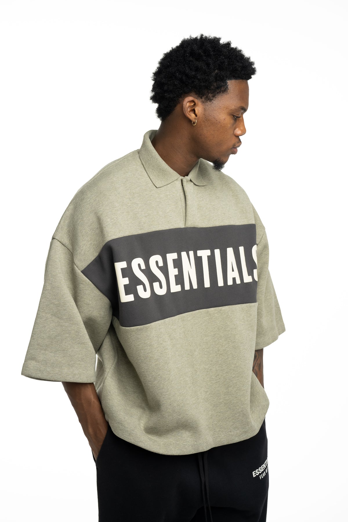 Essentials Fear Of God Men's Cropped Panelled Polo | RW002840135-Seal Heather/Iron Grey Heather
