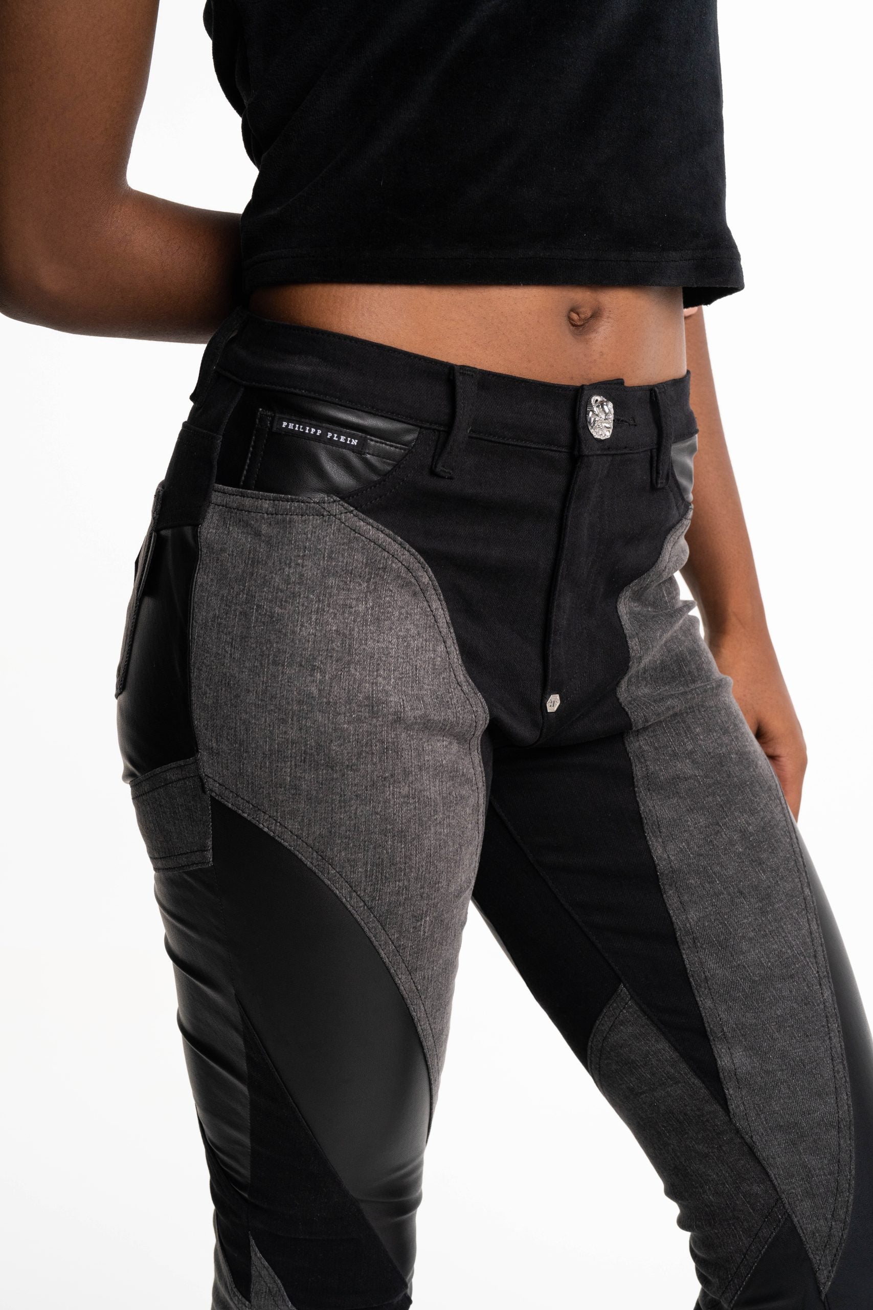 Philipp Plein Women's Multicutting High Waist Denim Trousers Jegging Fit Black WDT2652 PDE004N 02
