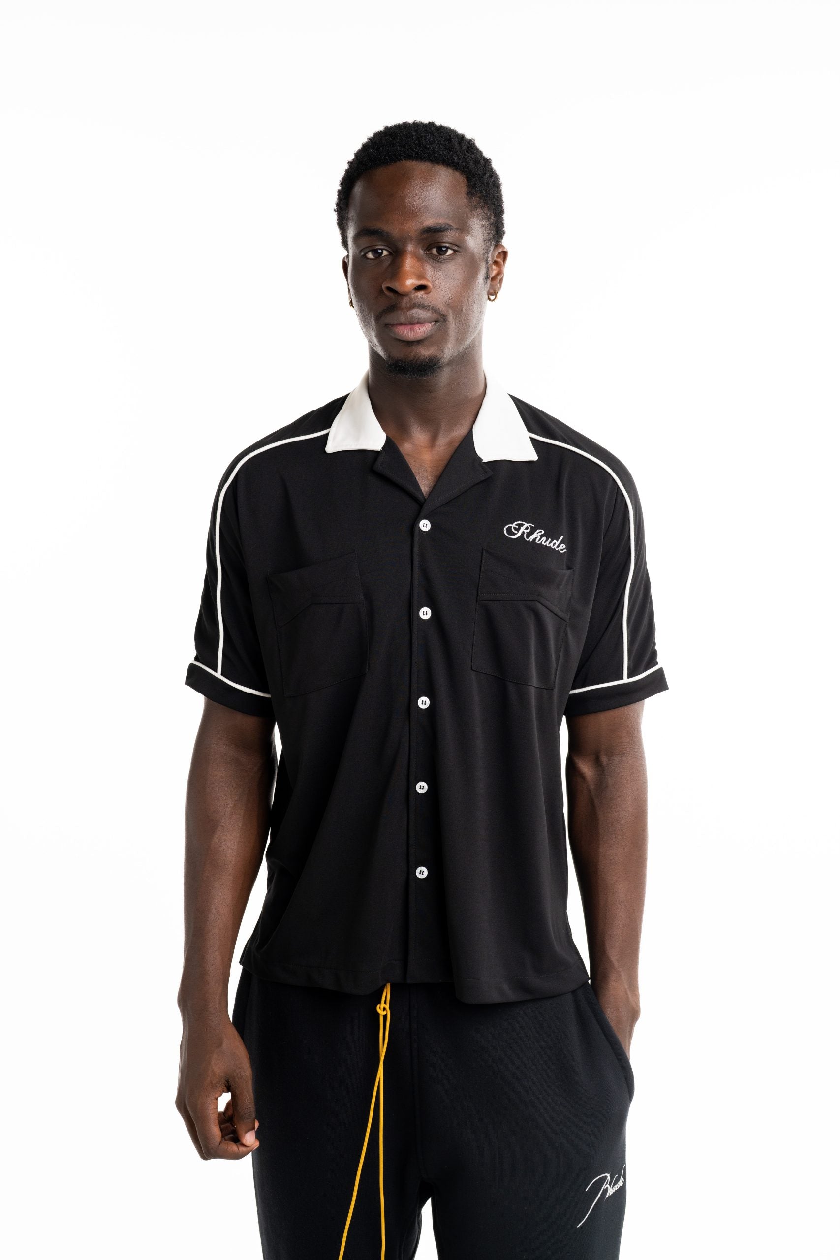 Rhude Men's Oxford Cocktail Club Bowling Shirt Black/White
