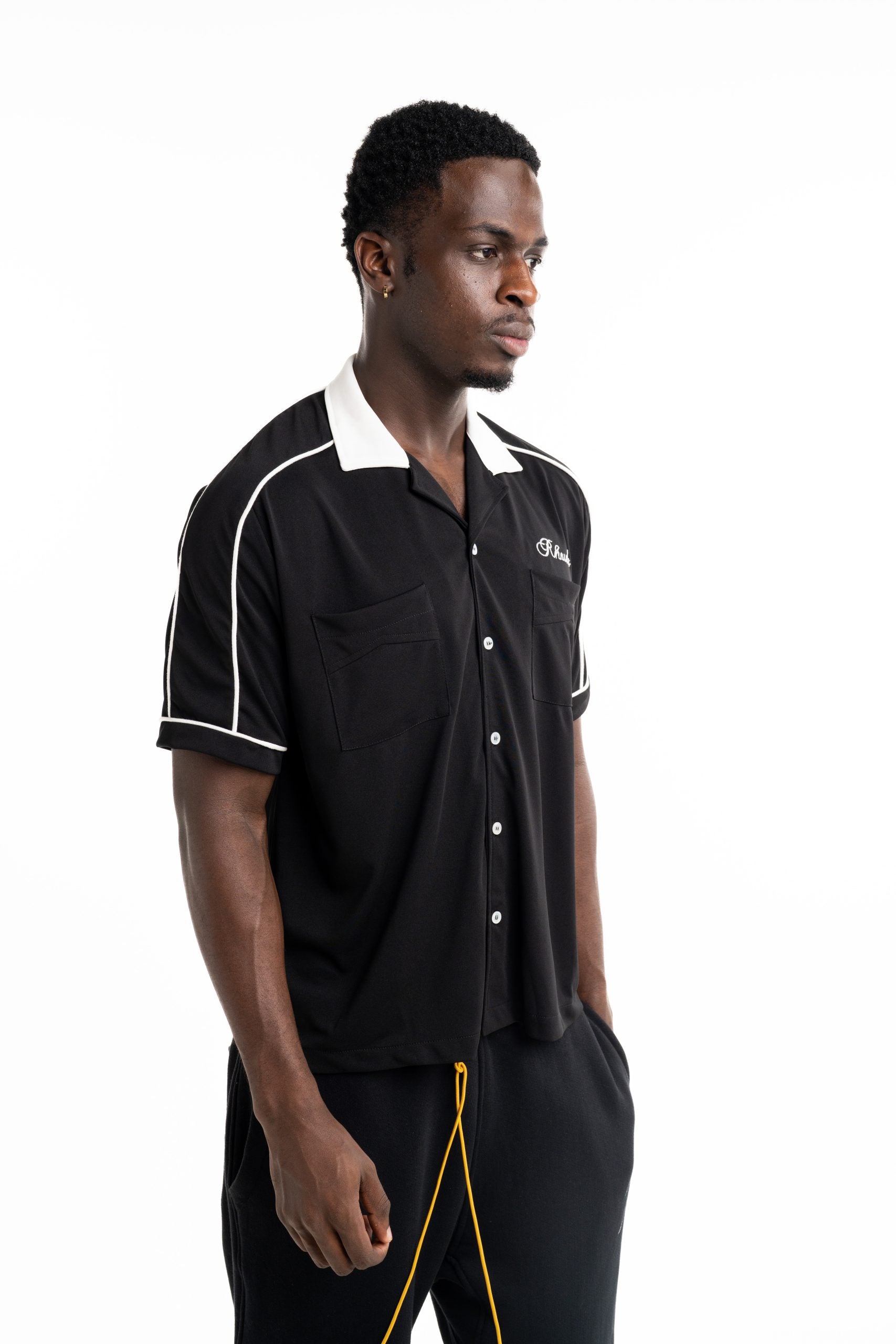 Rhude Men's Oxford Cocktail Club Bowling Shirt Black/White | RHPF25SR01016-3028