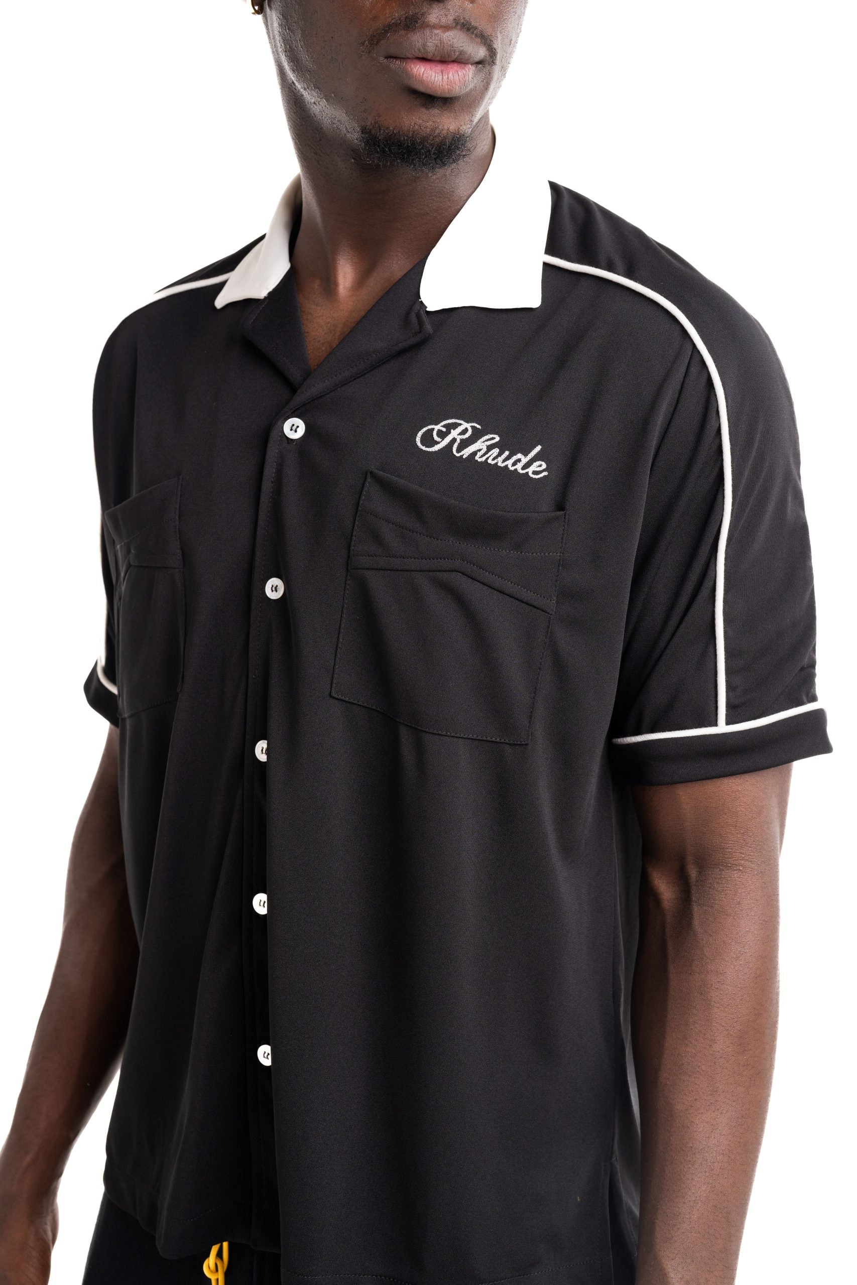 Rhude Men's Oxford Cocktail Club Bowling Shirt Black/White | RHPF25SR01016-3028