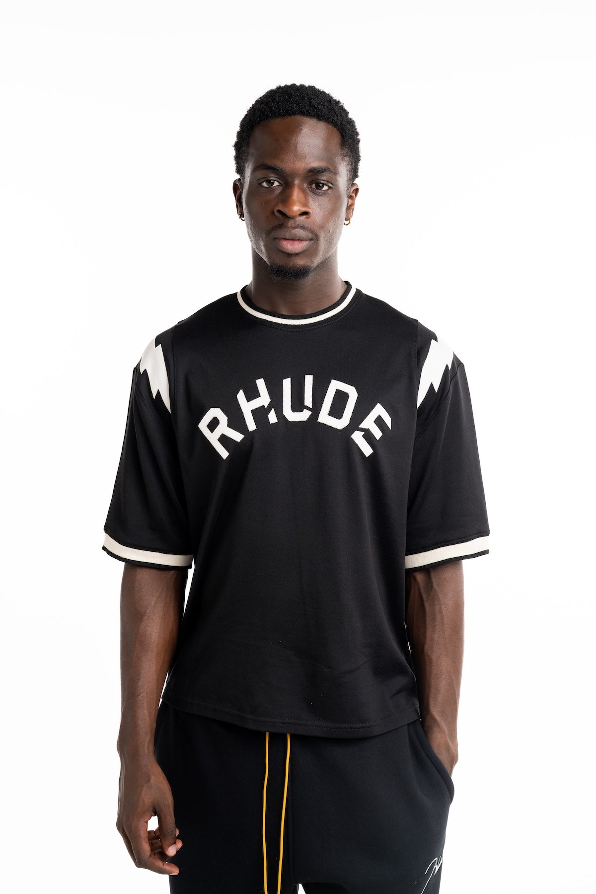Rhude Men's Logo Lightning Ringer Tee Black/White | RHFW25TT01729-3028