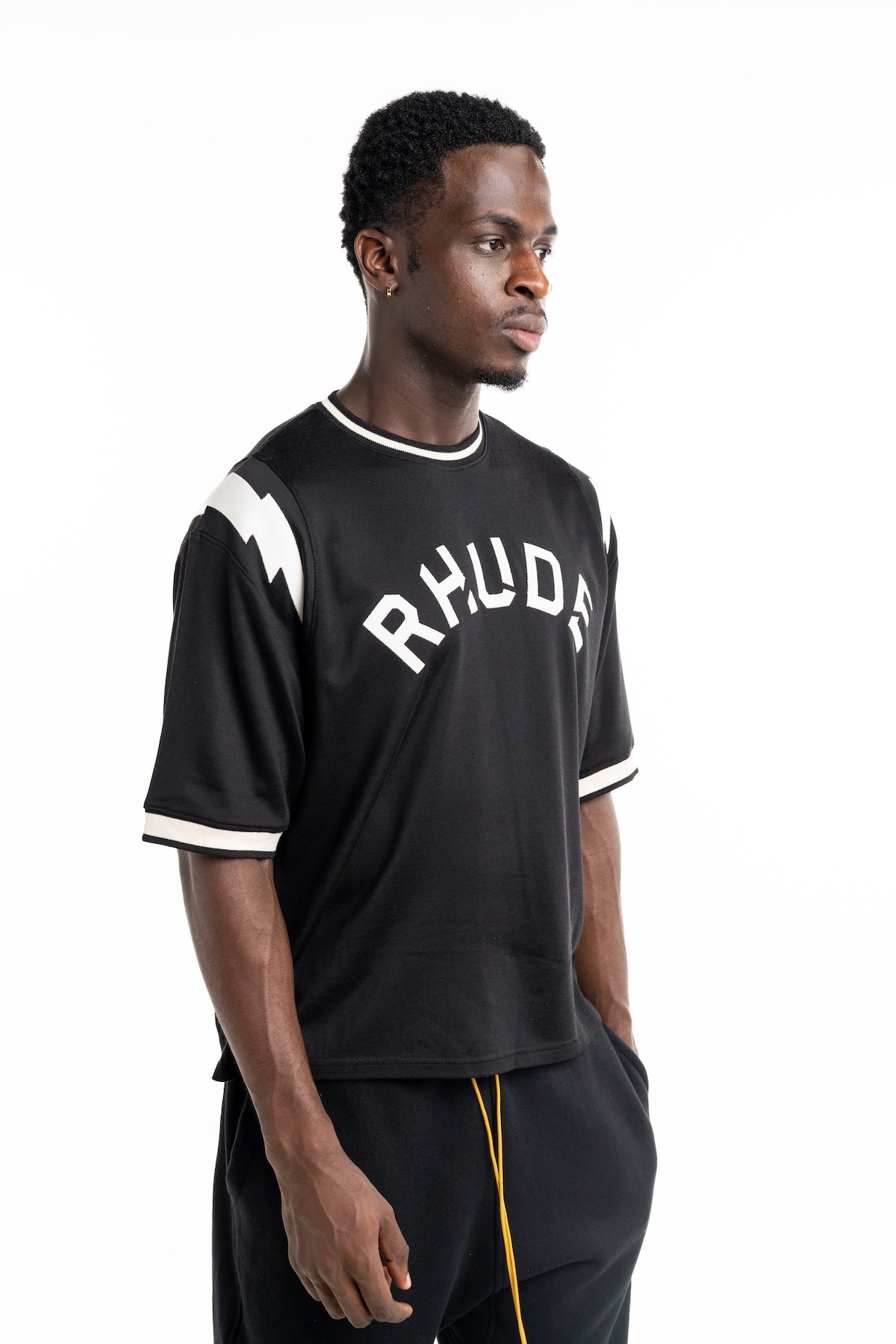 Rhude Men's Logo Lightning Ringer Tee Black/White | RHFW25TT01729-3028