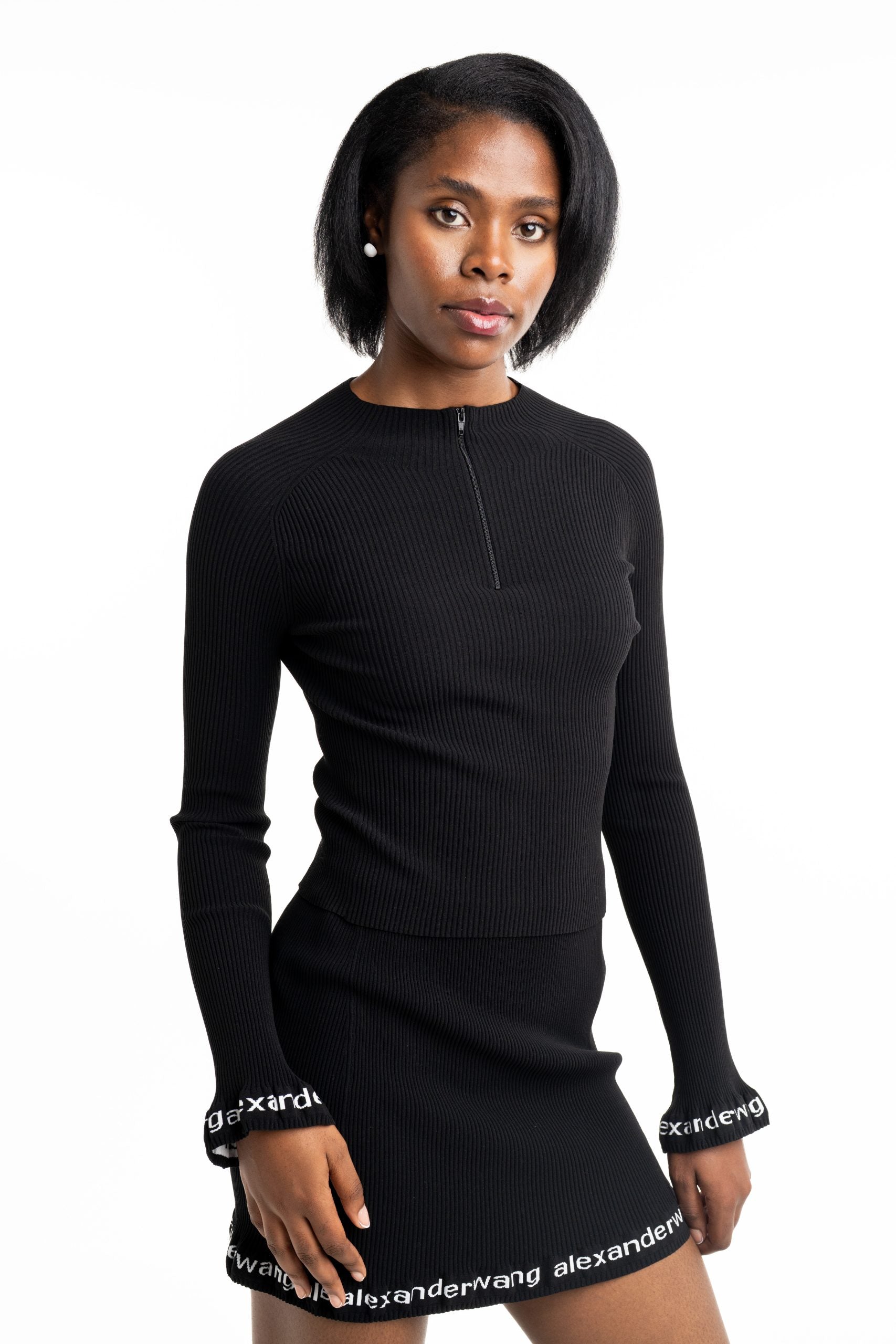 Alexander Wang Ribbed LS Zip Turtleneck Pullover w/Logo Black | 4KC1261046-001