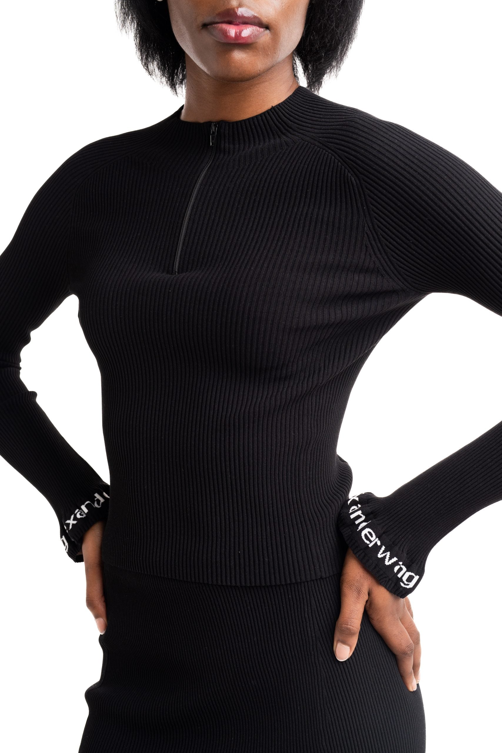 Alexander Wang Ribbed LS Zip Turtleneck Pullover w/Logo Black | 4KC1261046-001