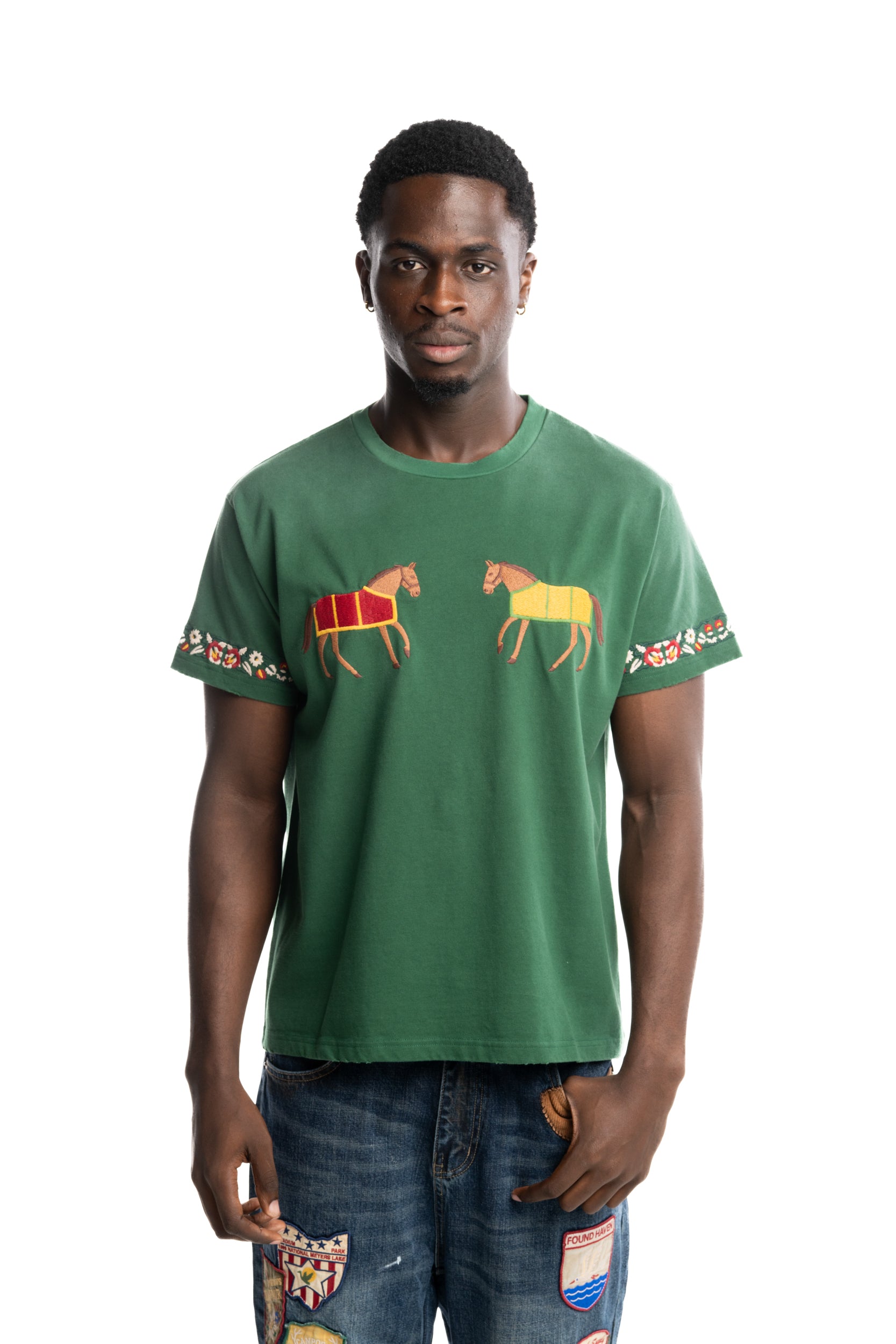 Found Men's Embroidered Horde Equine Tee Washed Forest