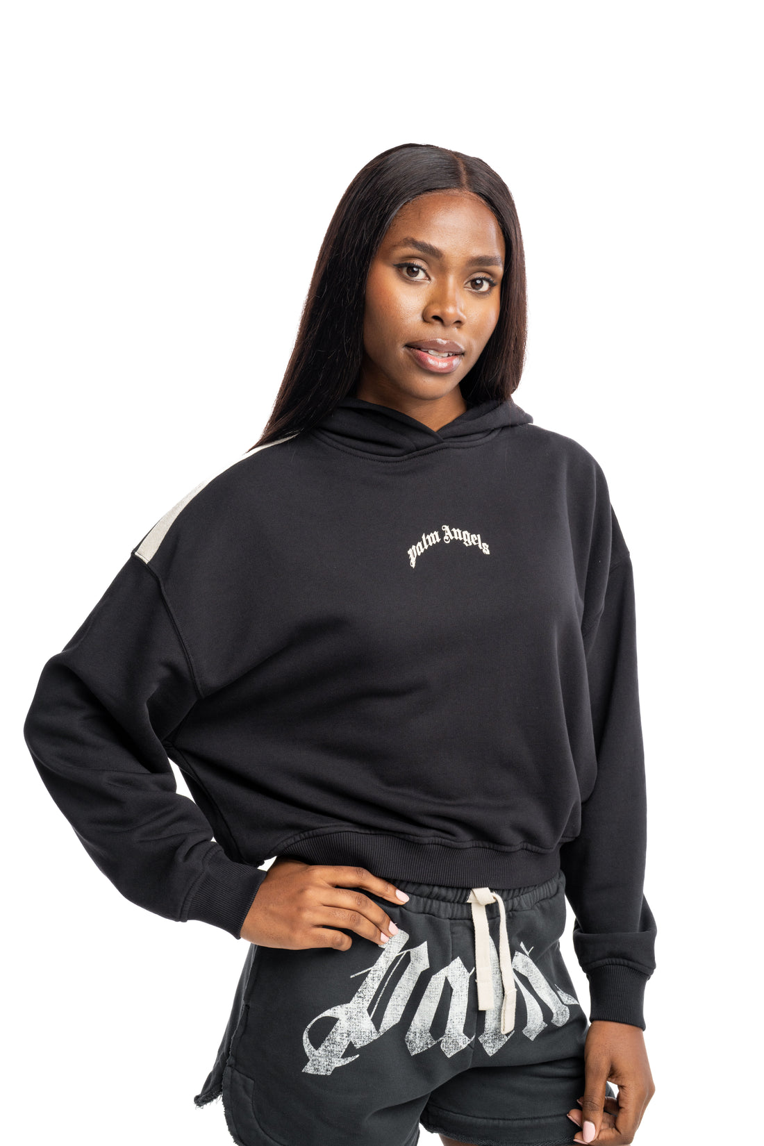 Palm Angels Ladies Curved Logo Loose Crop Hoodie | PWBB076S26FLE001-100A
