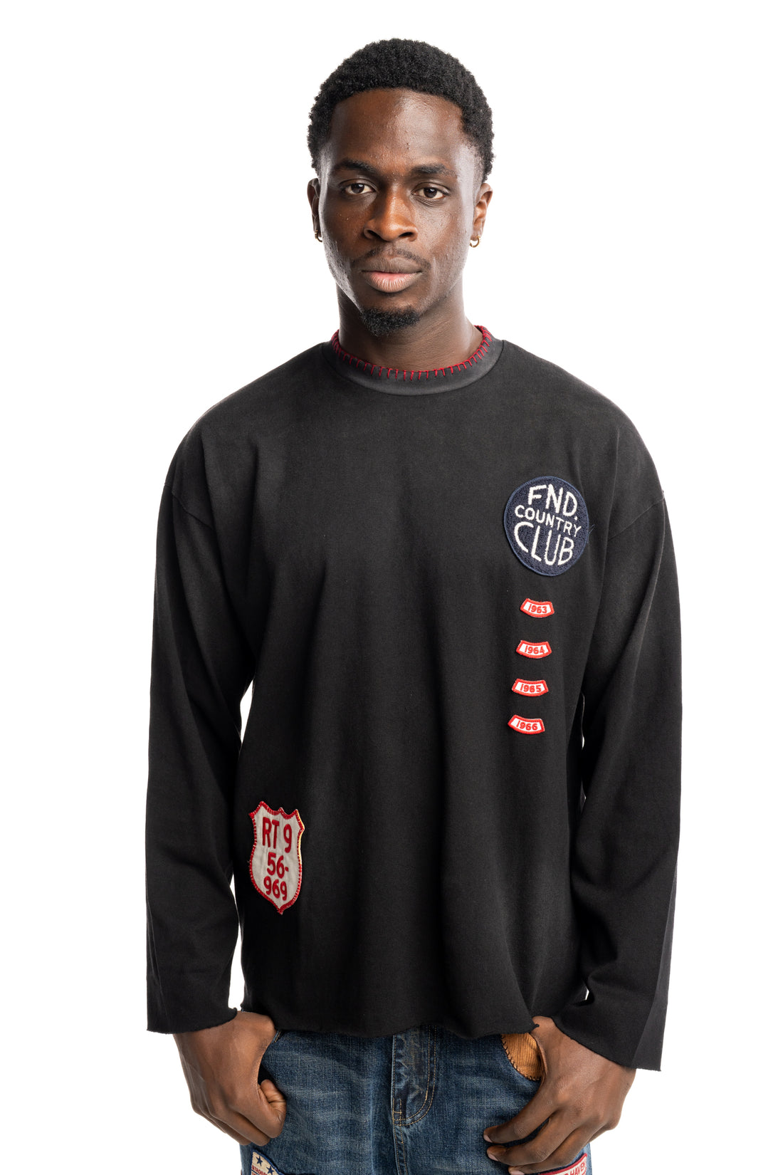 Found Men's Embroidered Patches LS Tee Washed Black | FOSS26TT21012-0392