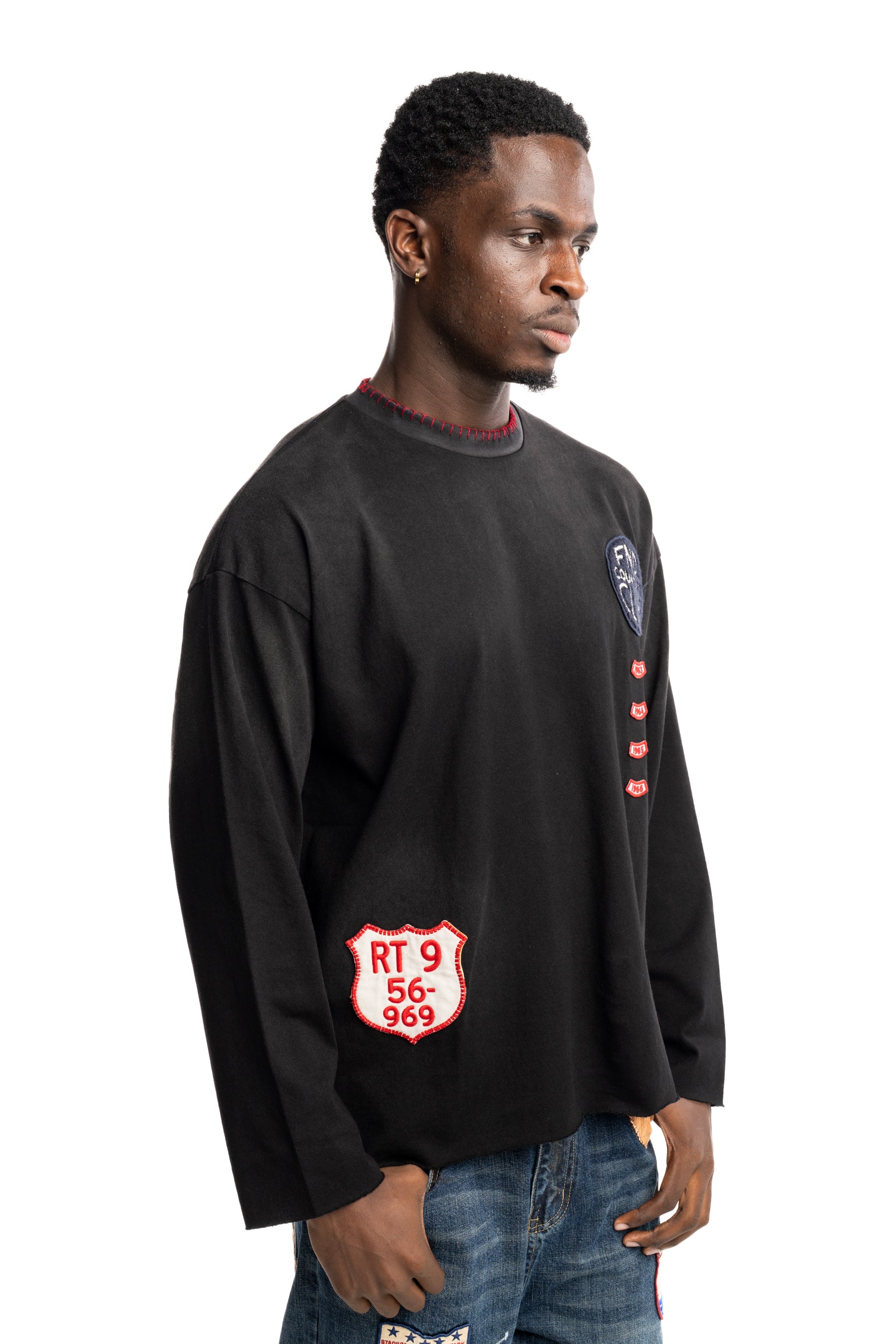 Found Men's Embroidered Patches LS Tee Washed Black | FOSS26TT21012-0392