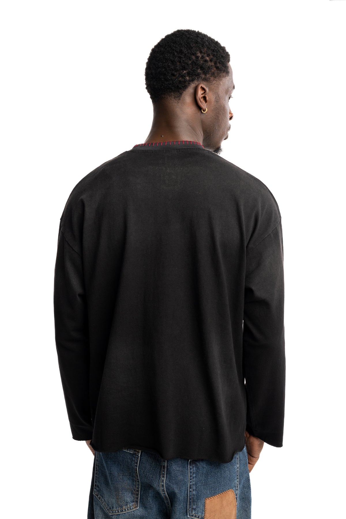 Found Men's Embroidered Patches LS Tee Washed Black | FOSS26TT21012-0392