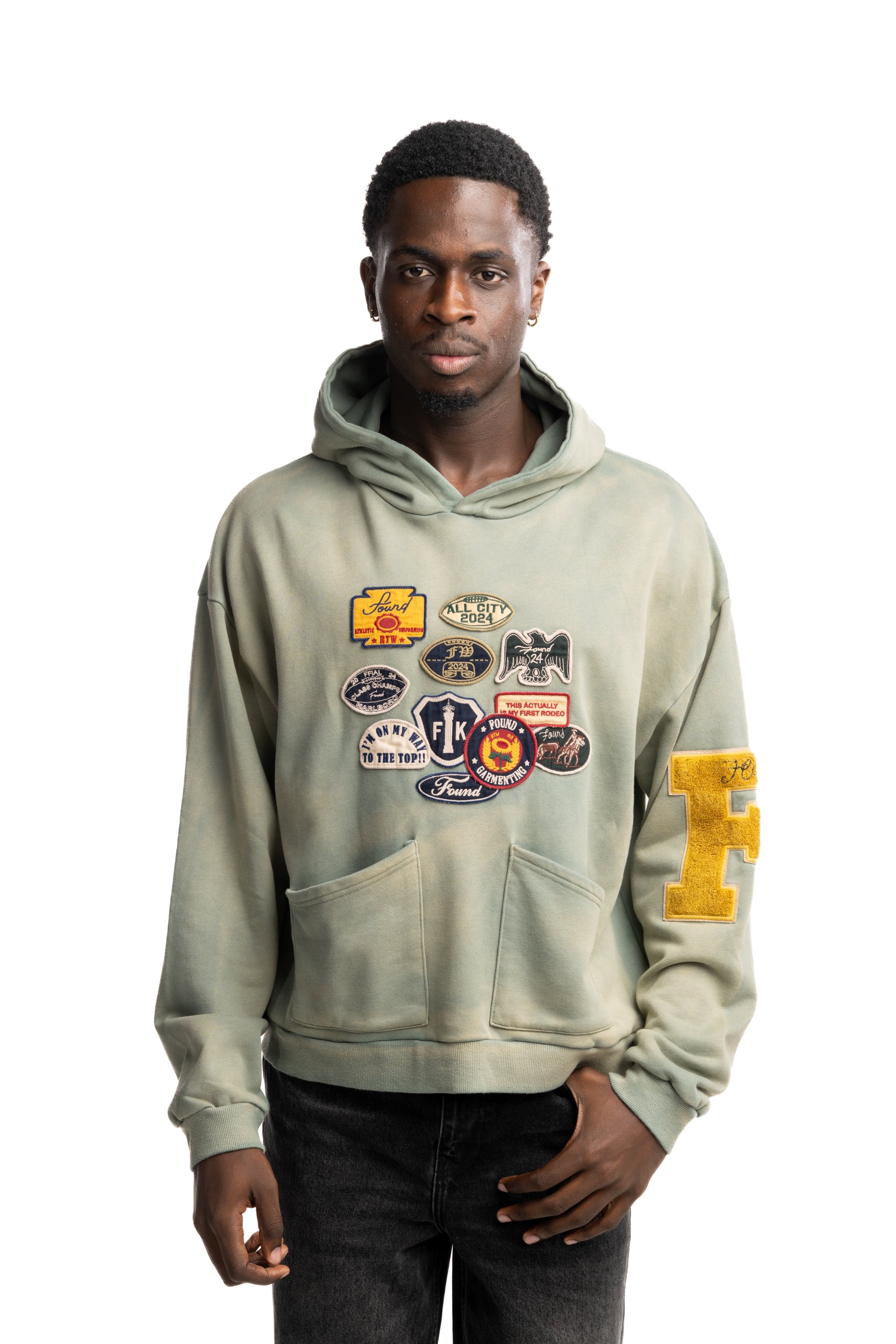 Found Men's Multi Patch Hoodie Washed Sage | FOSS26HO15012-0394
