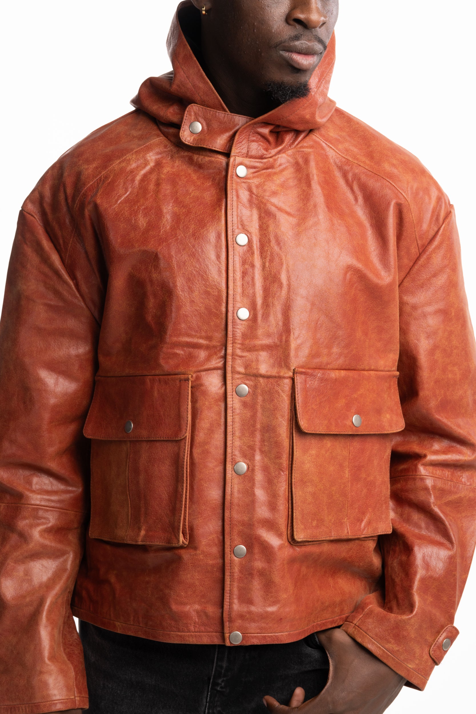 Found Men's Distressed Leather Hoodie Faded Red | FOSS26JA02323-6333