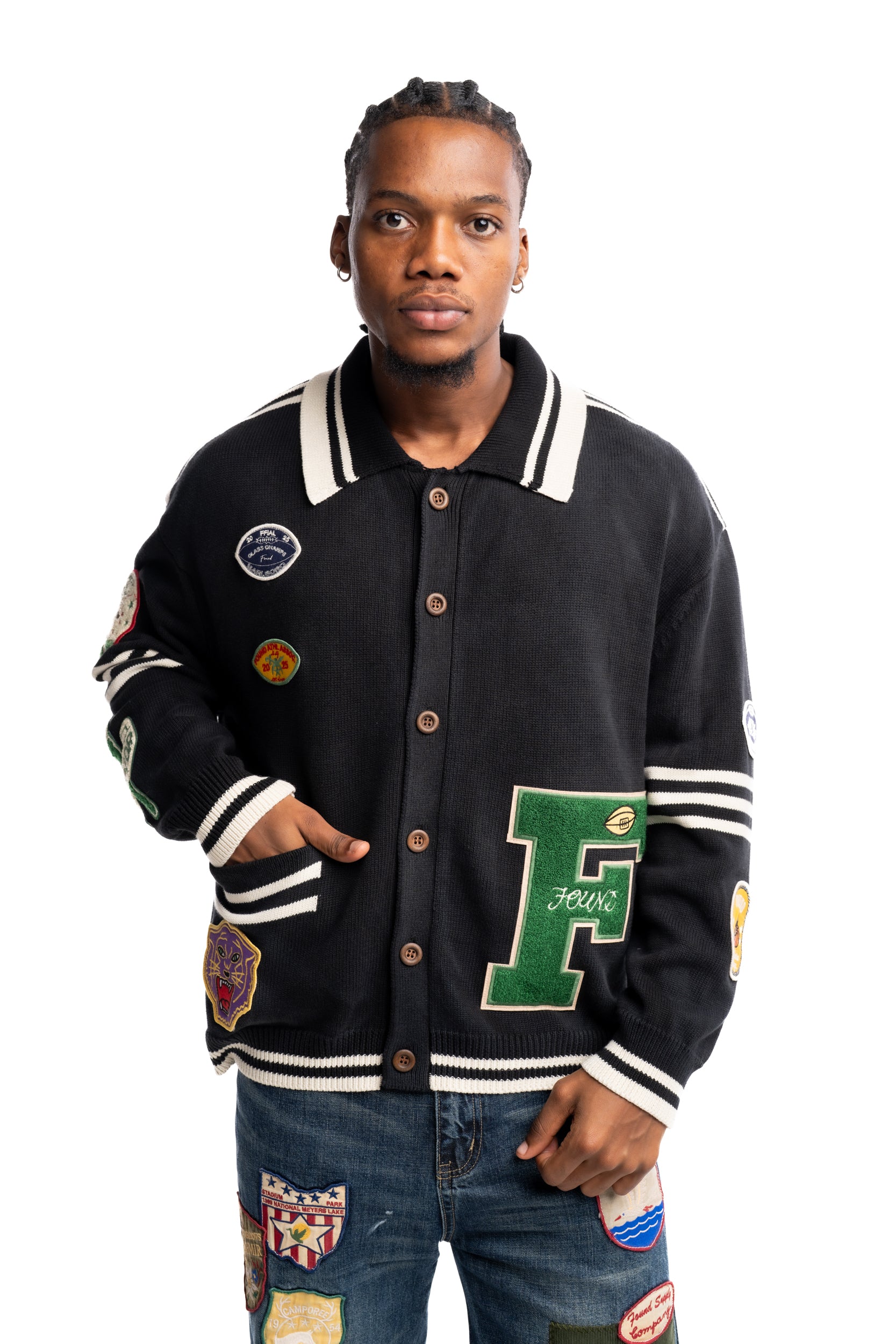 Found Men's Varsity Patch Collard Cardigan Vintage Black | FOSS26CA01012-0027