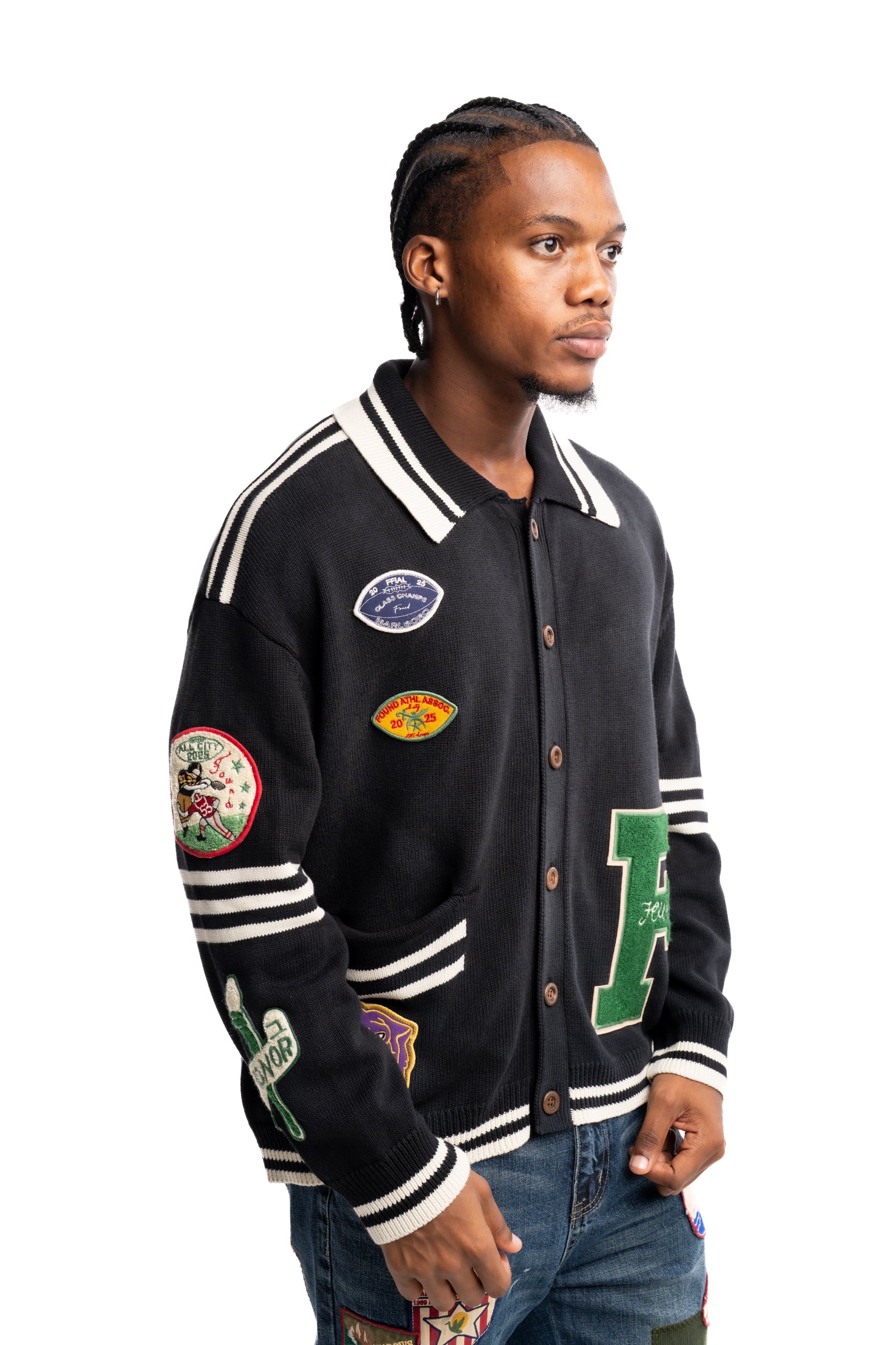 Found Men's Varsity Patch Collard Cardigan Vintage Black | FOSS26CA01012-0027