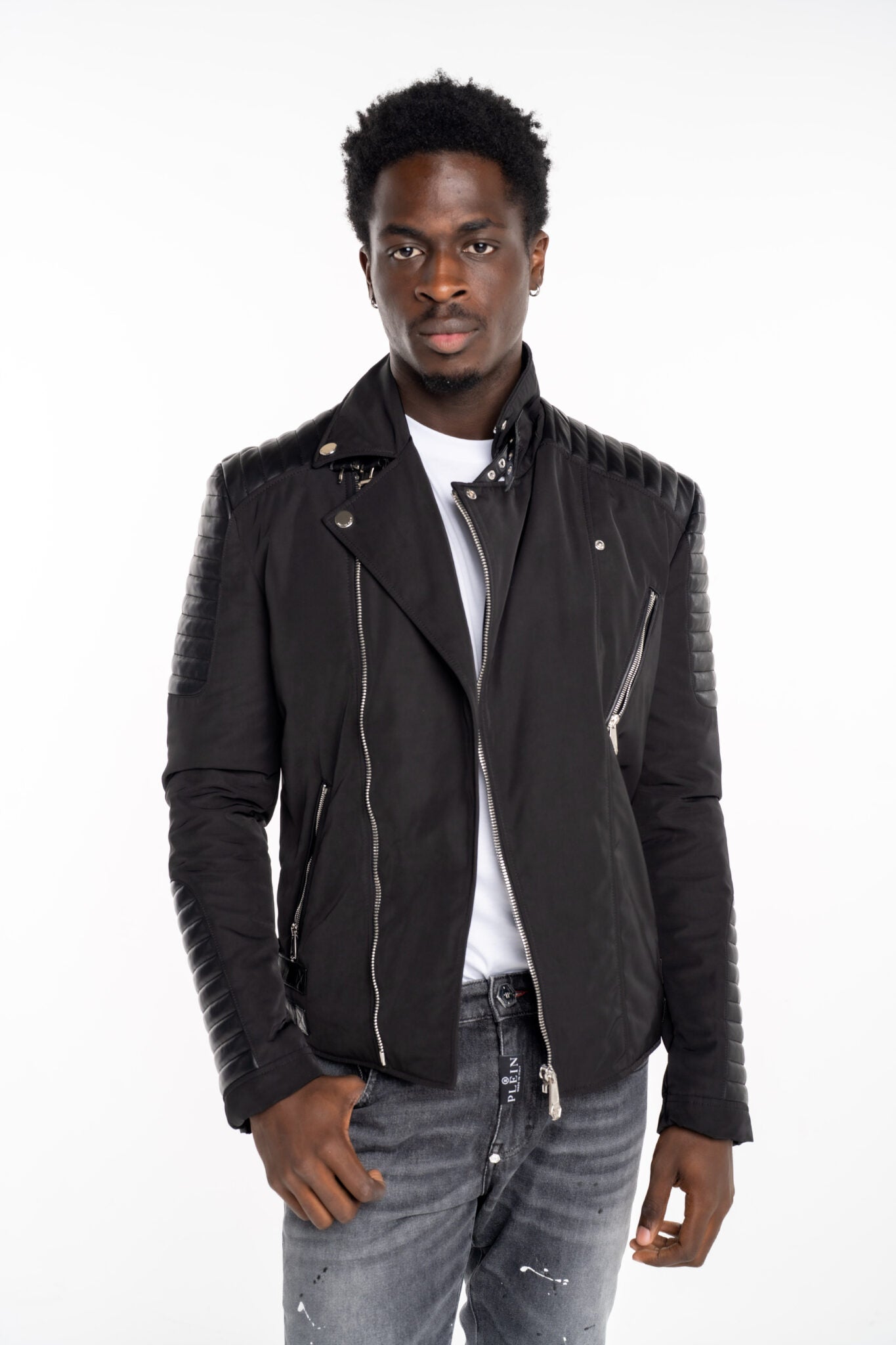 Philipp Plein Men's Nylon Biker Jacket With Leather Padding MRB2510 PNY002N 02