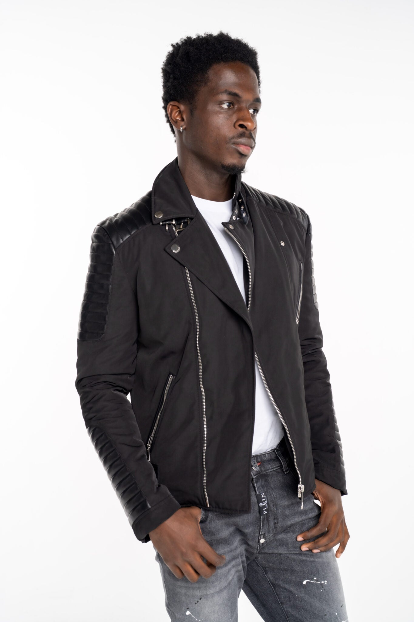 Philipp Plein Men's Nylon Biker Jacket With Leather Padding MRB2510 PNY002N 02