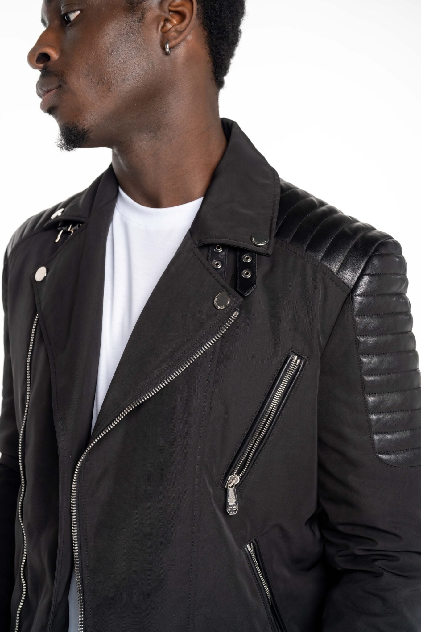 Philipp Plein Men's Nylon Biker Jacket With Leather Padding MRB2510 PNY002N 02