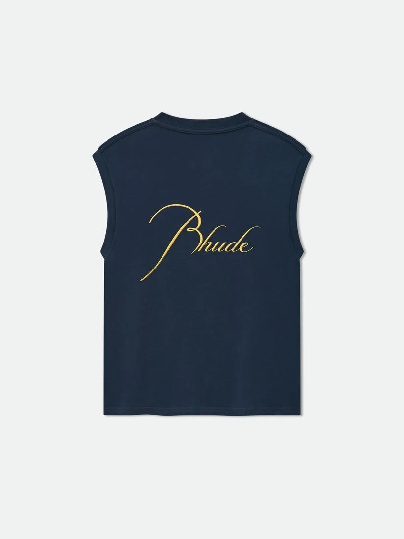 Rhude Men's Classique Cut Off Sleeve Top Navy/Yellow | RHPF25TA01012-0043