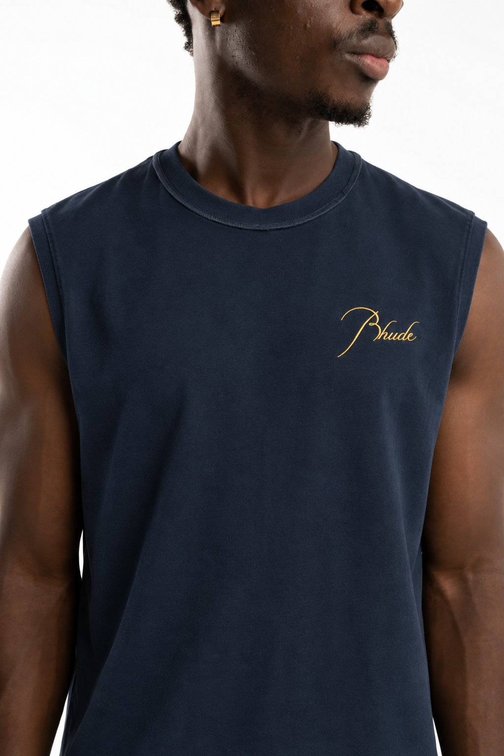 Rhude Men's Classique Cut Off Sleeve Top Navy/Yellow | RHPF25TA01012-0043