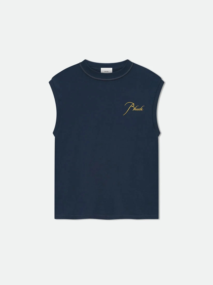 Rhude Men's Classique Cut Off Sleeve Top Navy/Yellow | RHPF25TA01012-0043