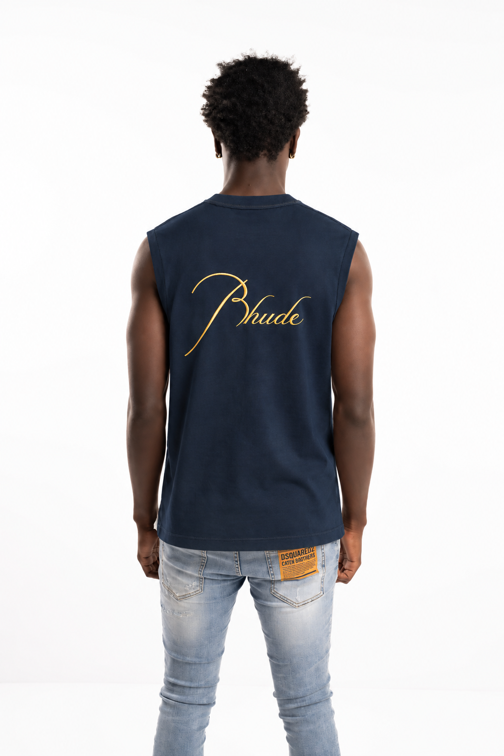 Rhude Men's Classique Cut Off Sleeve Top Navy/Yellow | RHPF25TA01012-0043