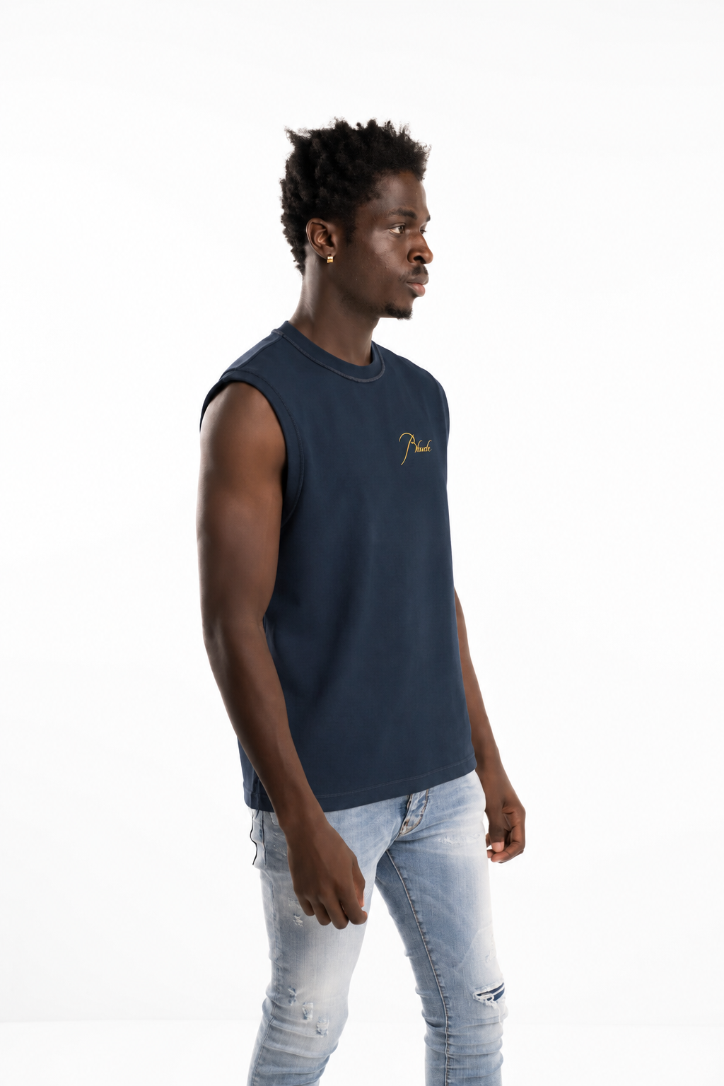 Rhude Men's Classique Cut Off Sleeve Top Navy/Yellow | RHPF25TA01012-0043
