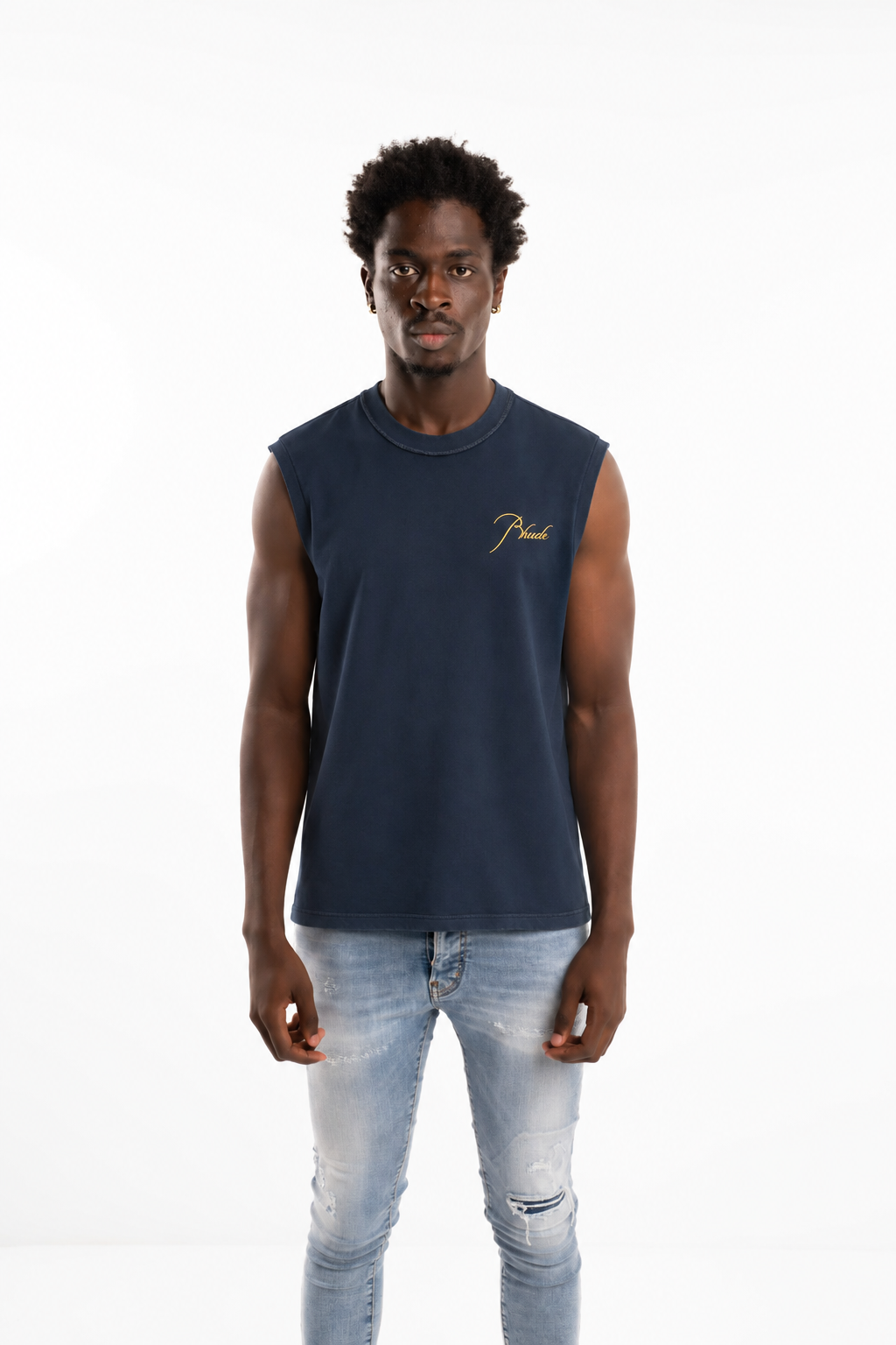 Rhude Men's Classique Cut Off Sleeve Top Navy/Yellow | RHPF25TA01012-0043