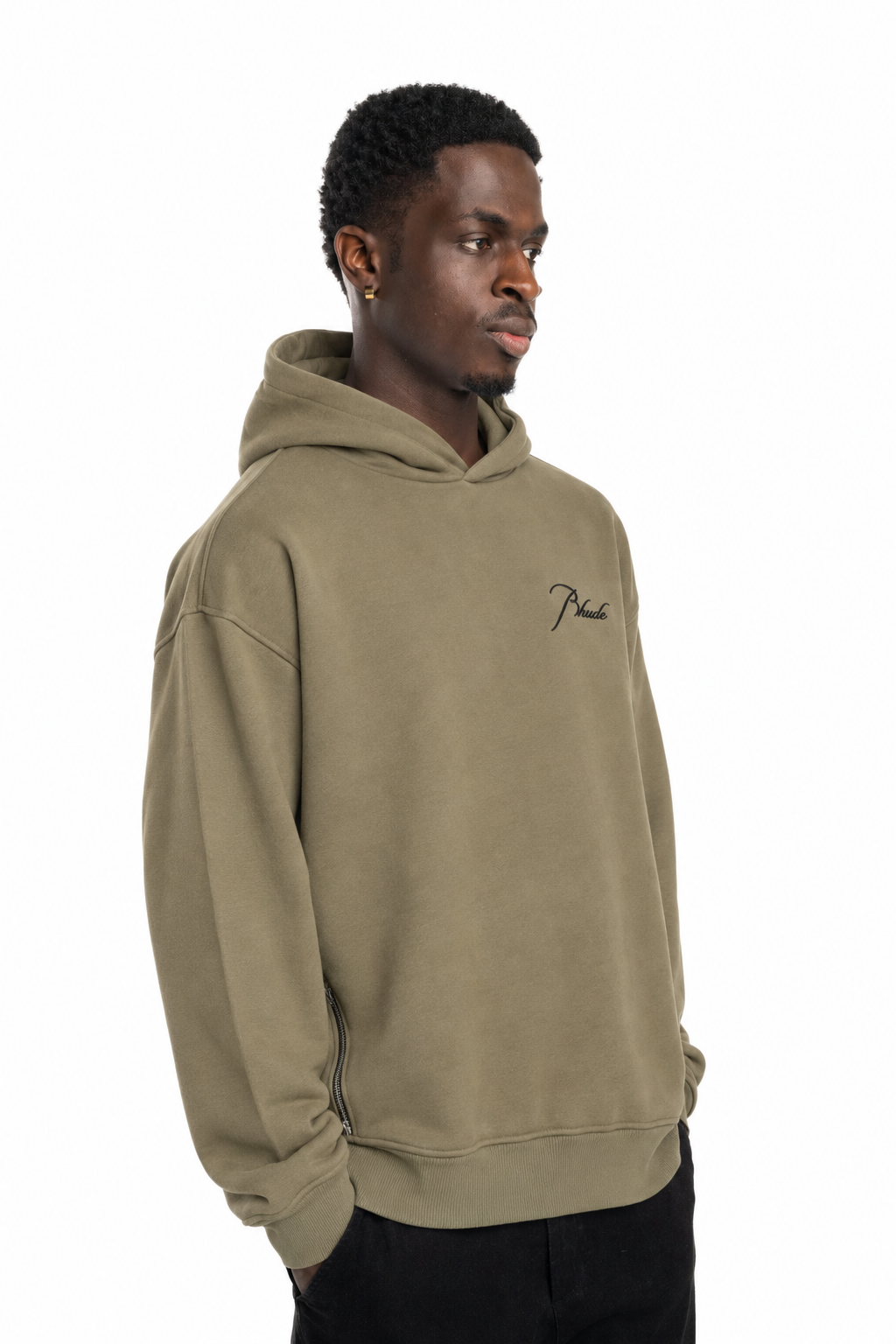 Rhude Men's Classique Side Zip Pullover Hoodie Moss Green/Black | RHPS26HO10012-6013
