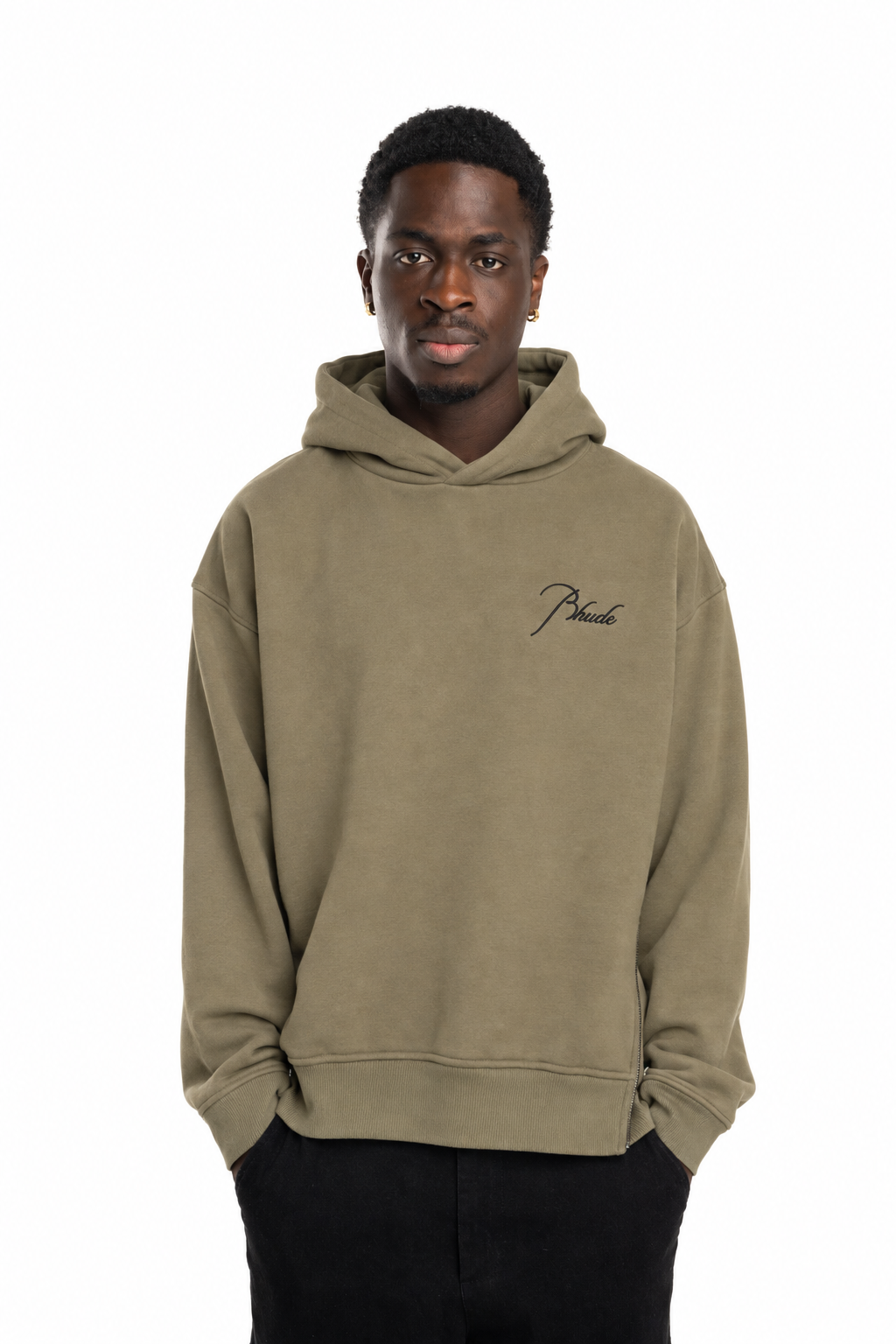 Rhude Men's Classique Side Zip Pullover Hoodie Moss Green/Black | RHPS26HO10012-6013